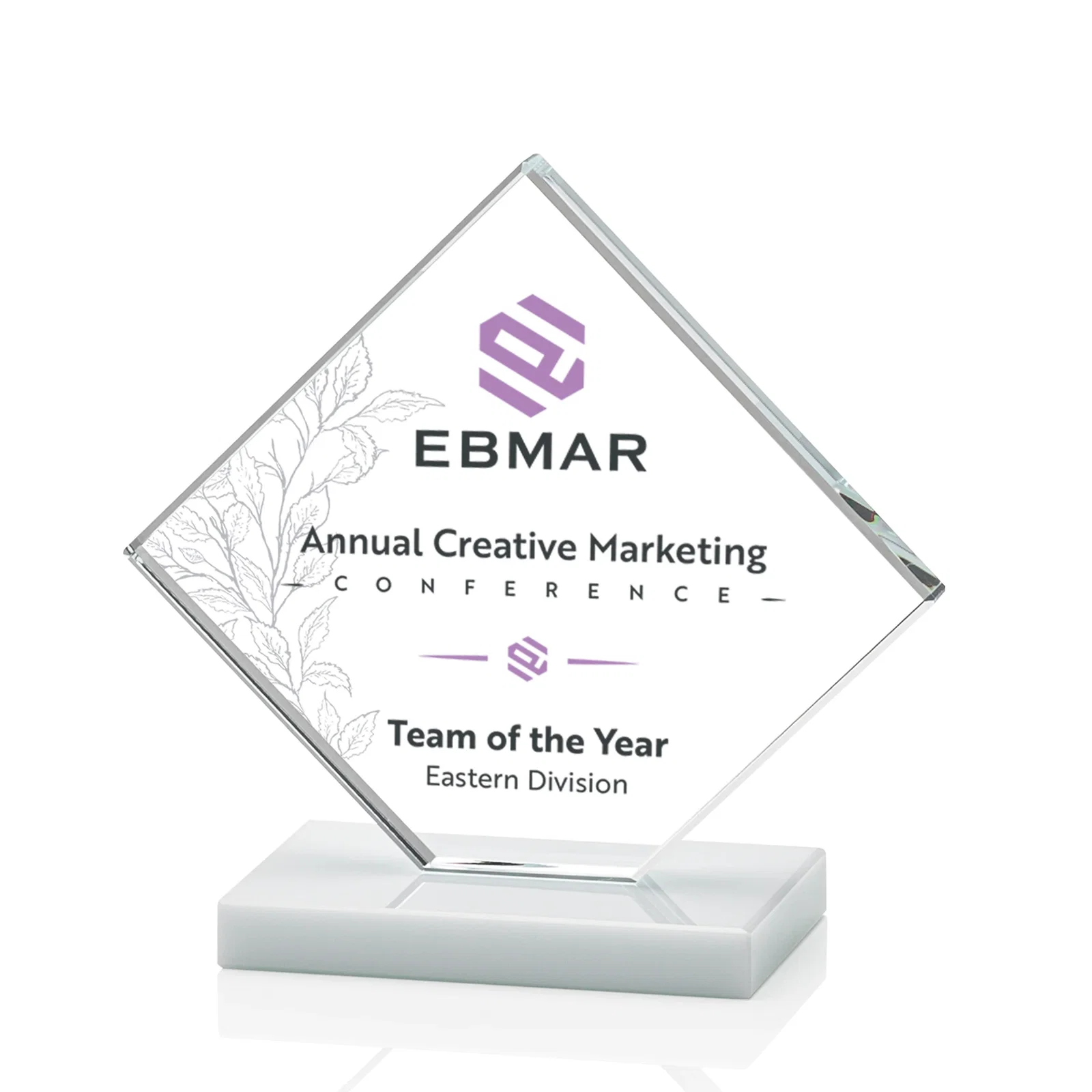Personalized Starfire Crystal Diamond Award on an Ivory Flat-Edge Base, with your logo for sales achievement awards