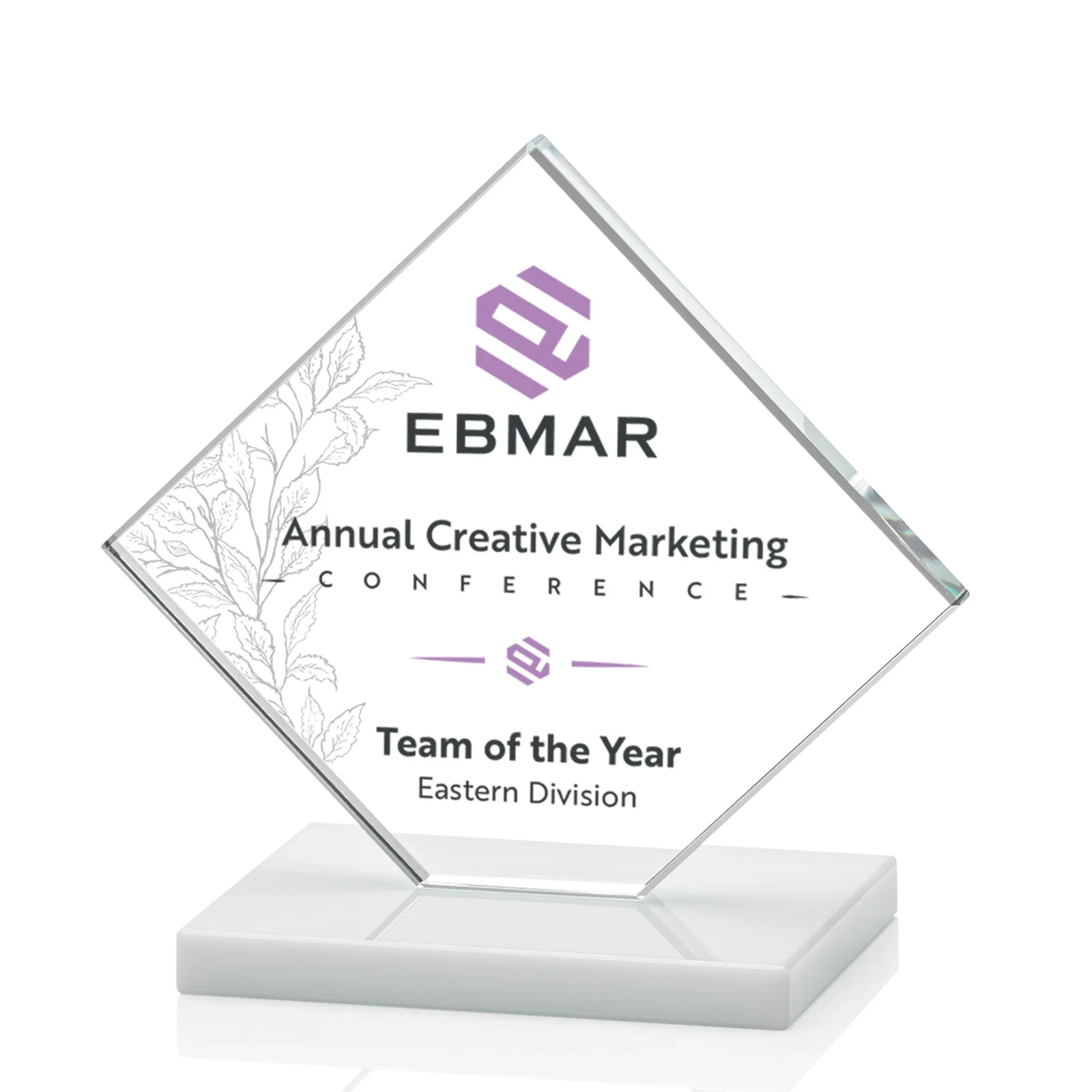 Personalized Starfire Crystal Diamond Award on an Ivory Flat-Edge Base, with your logo for retirement presentations