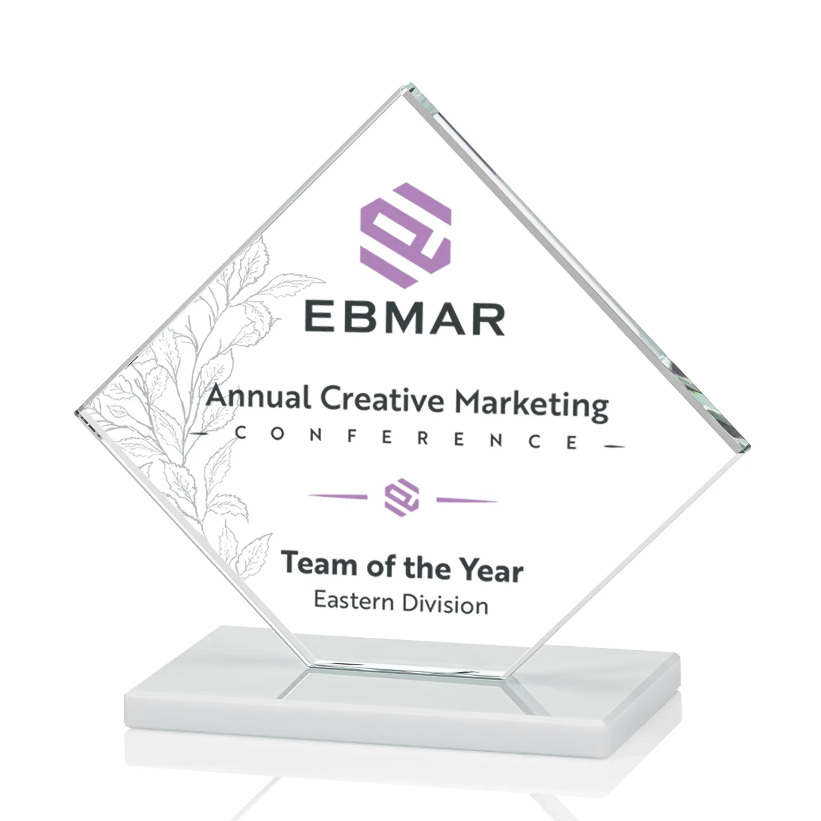 Personalized Starfire Crystal Diamond Award on an Ivory Flat-Edge Base, with your logo for team milestone celebrations