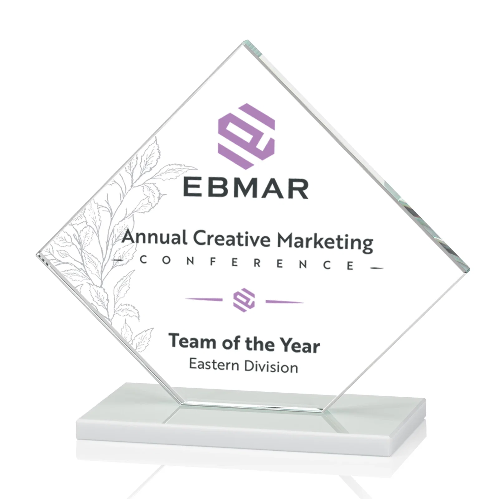 Personalized Starfire Crystal Diamond Award on an Ivory Flat-Edge Base, with your logo for donor appreciation