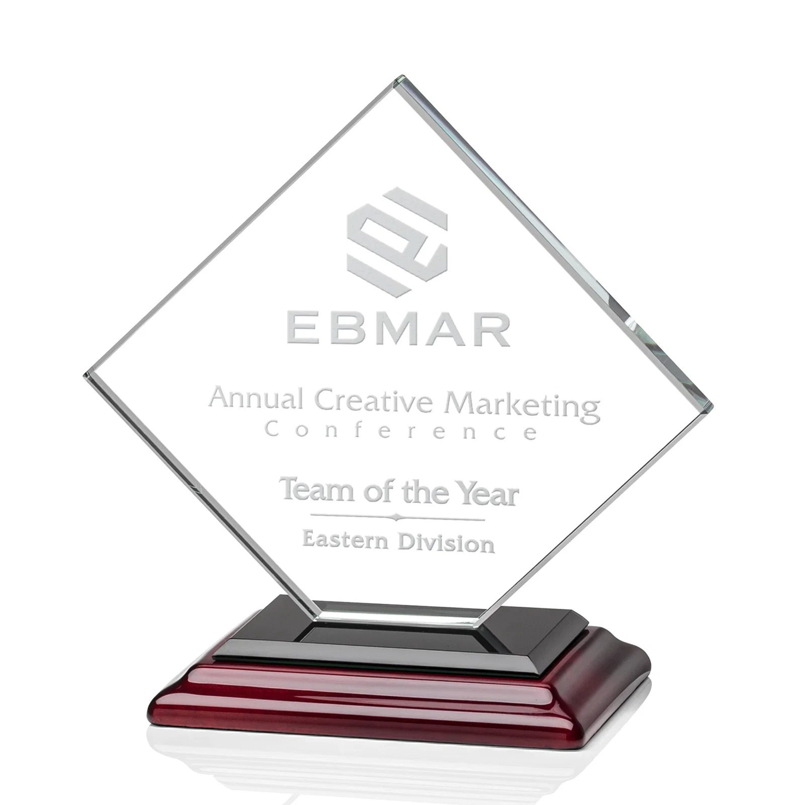 Personalized Starfire Crystal Diamond Award on an Ivory Flat-Edge Base, with your logo for volunteer appreciation