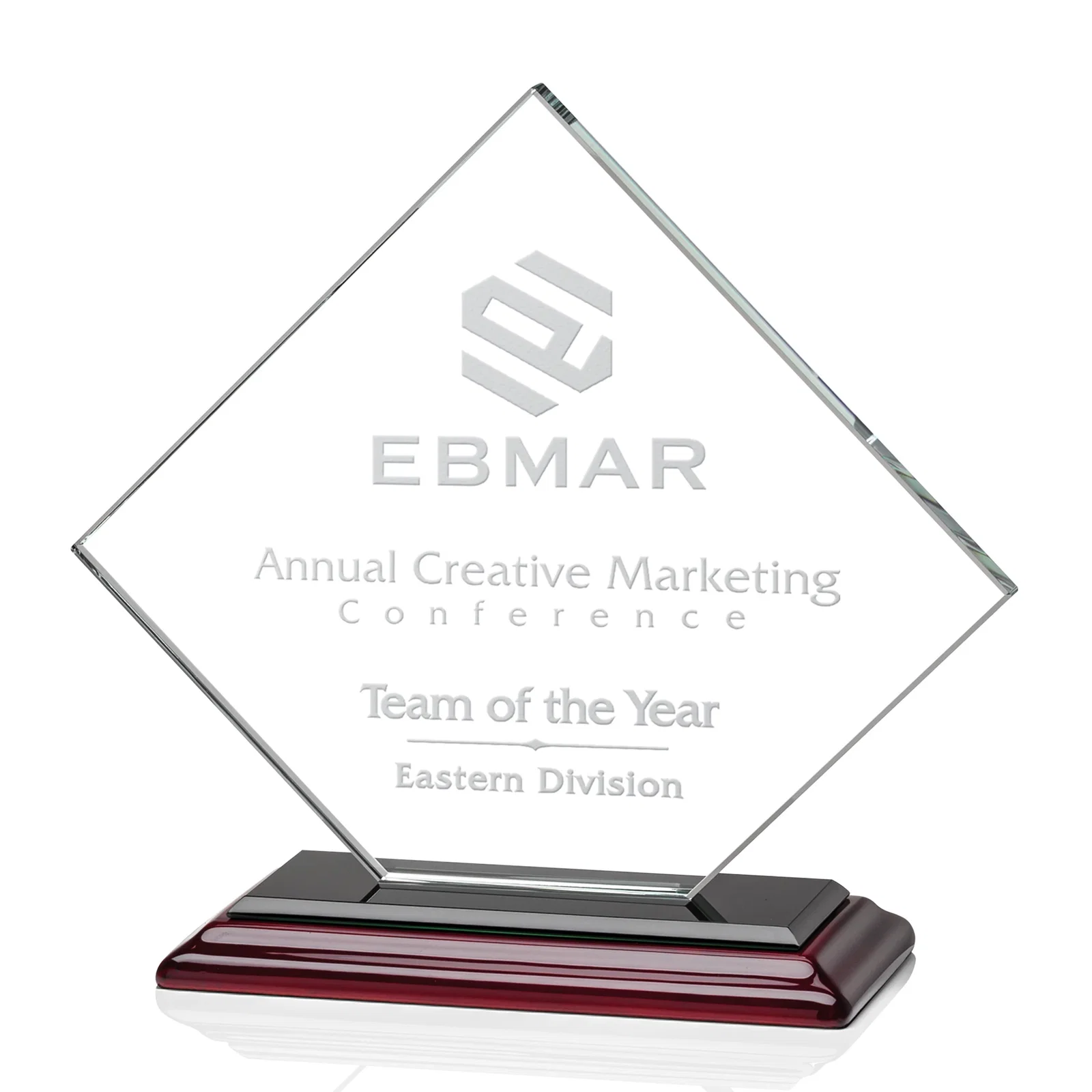 Personalized Starfire Crystal Diamond Award on an Ivory Flat-Edge Base, with your logo for company anniversary events