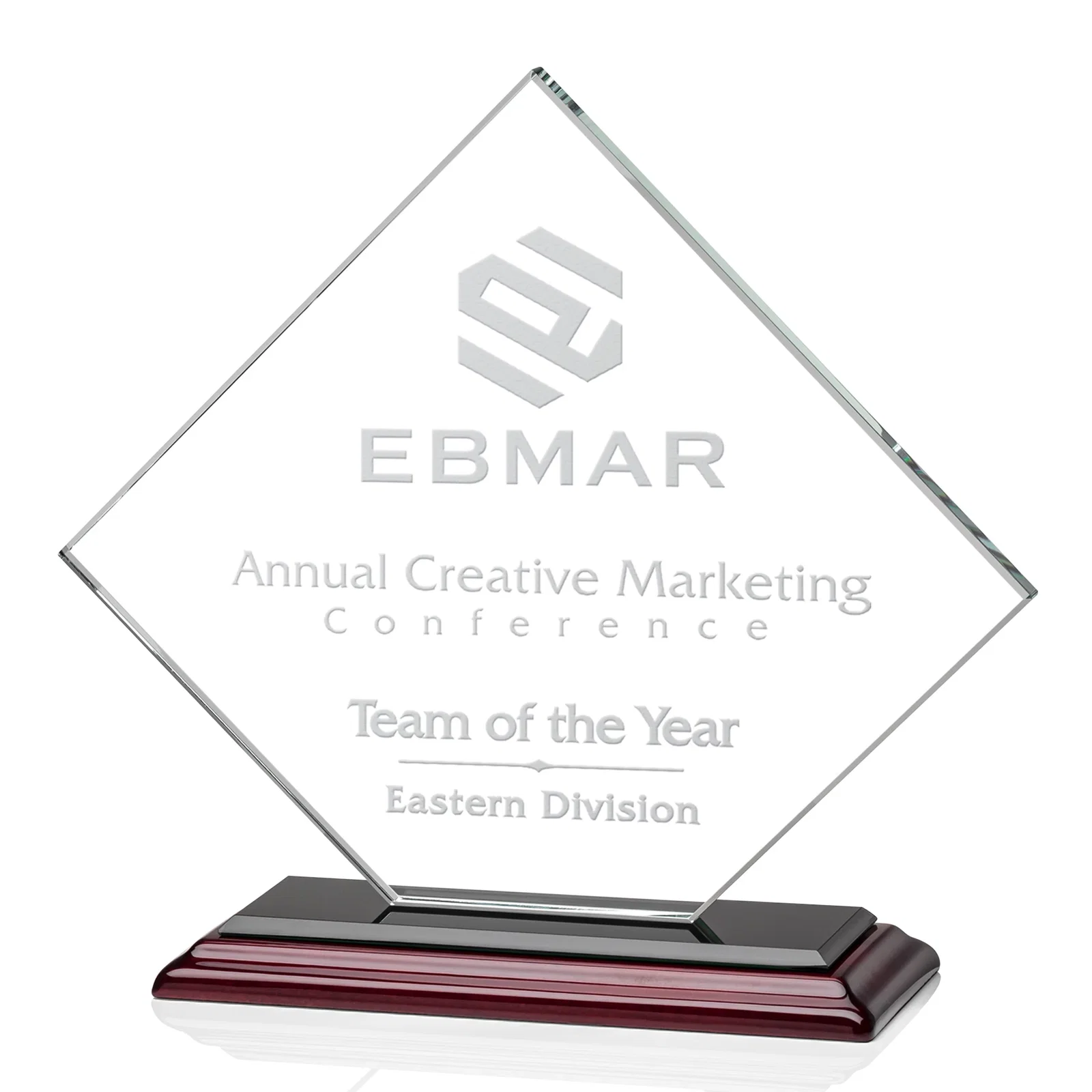 Promotional Starfire Crystal Diamond Award on an Ivory Flat-Edge Base, with your logo for employee recognition