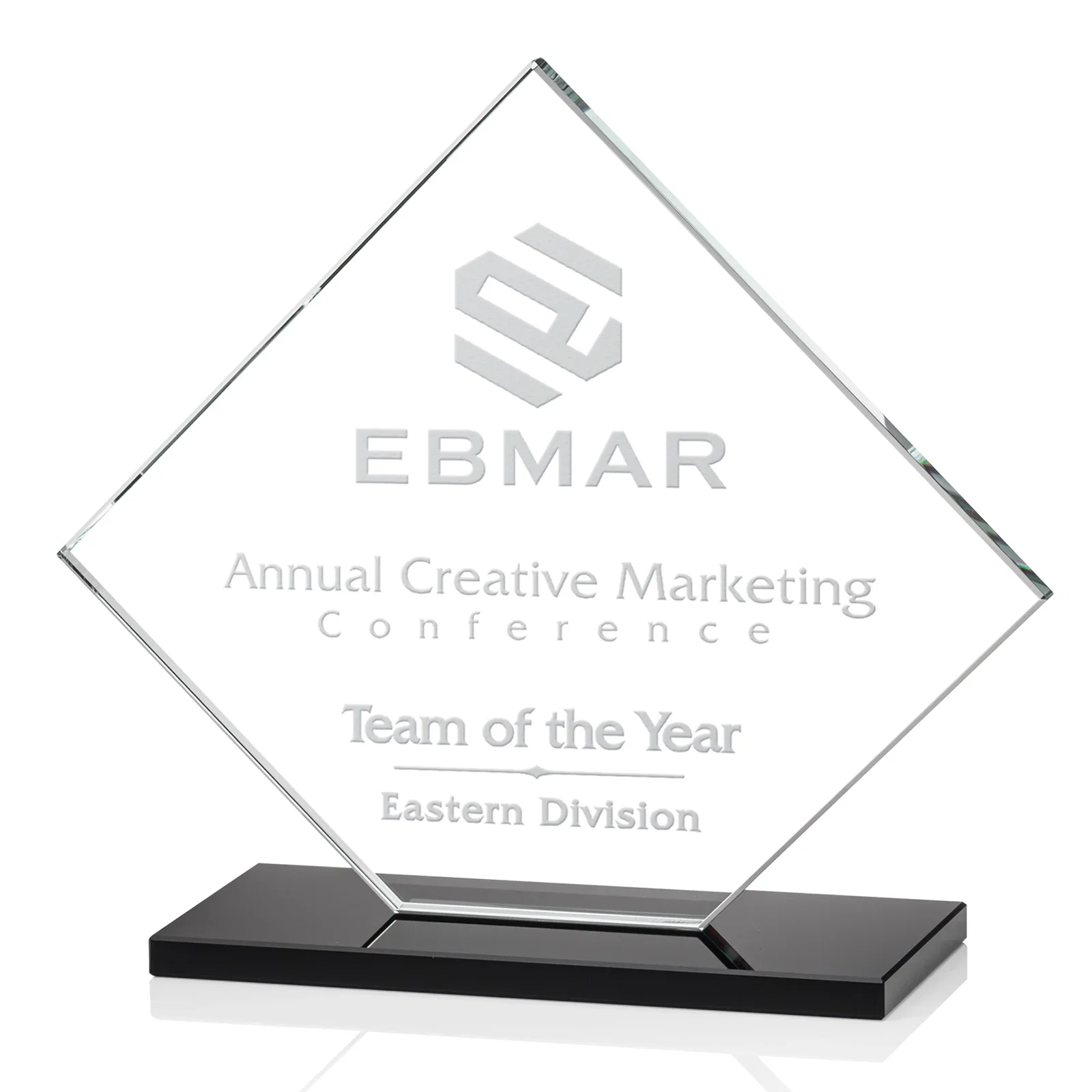 Personalized Starfire Crystal Diamond Award on an Ivory Flat-Edge Base for employee recognition