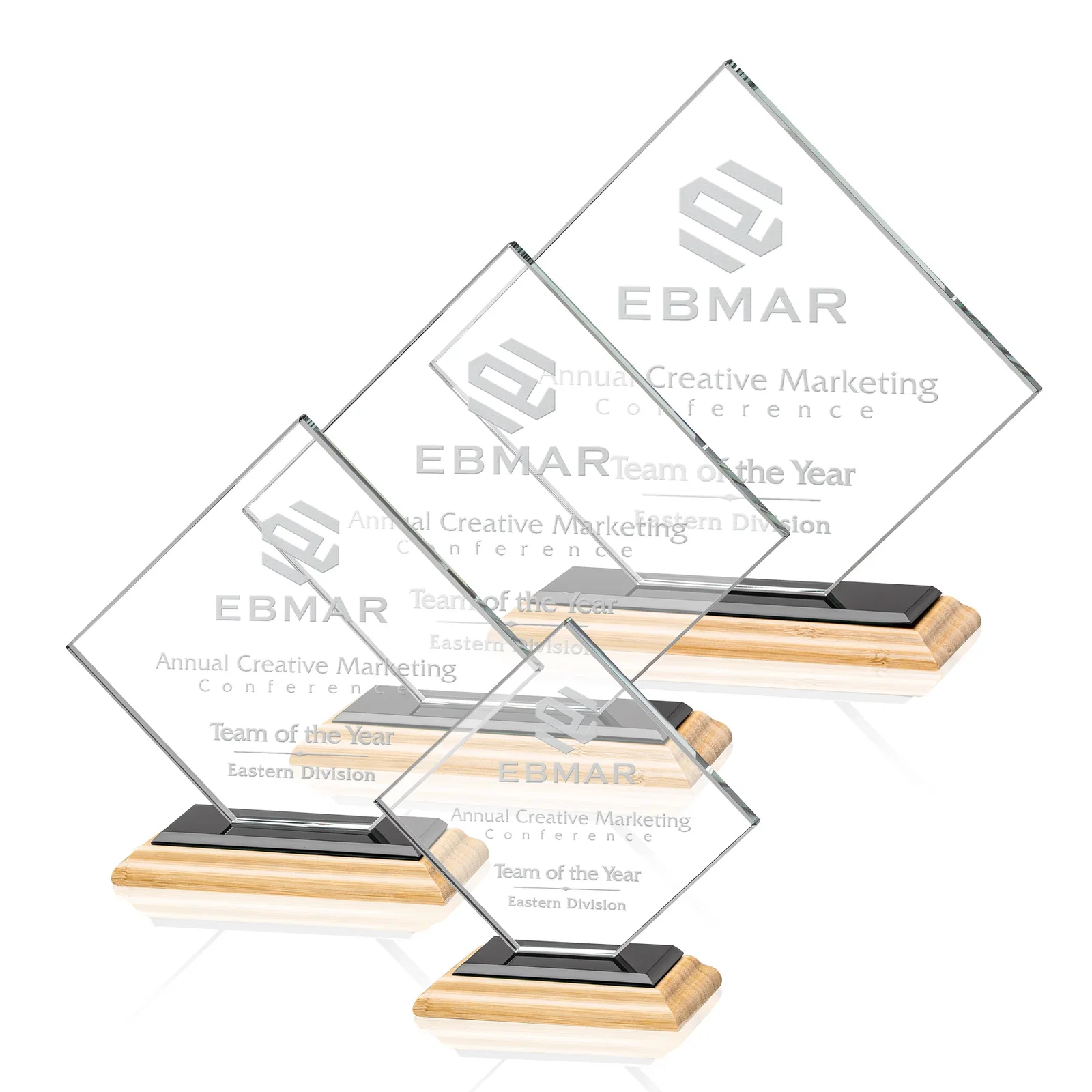 Promotional Starfire Crystal Diamond Award on an Ivory Flat-Edge Base, with your logo for donor appreciation
