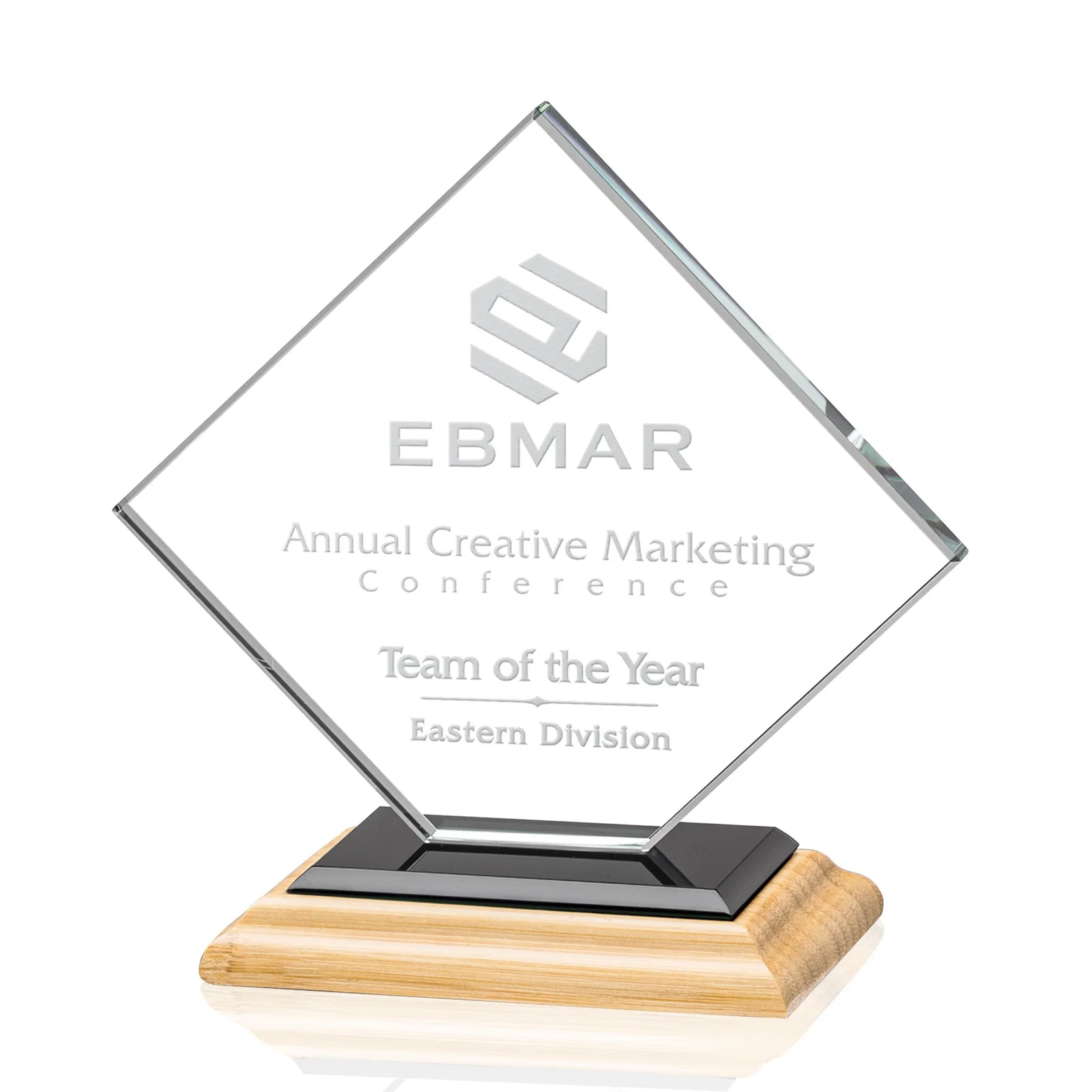 Promotional Starfire Crystal Diamond Award on an Ivory Flat-Edge Base, with your logo for graduation ceremonies