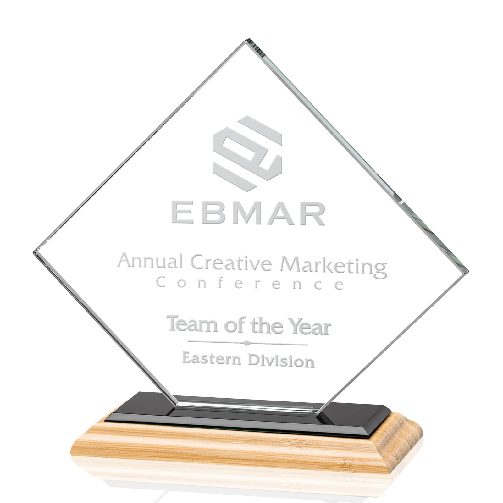 Promotional Starfire Crystal Diamond Award on an Ivory Flat-Edge Base, with your logo for volunteer appreciation