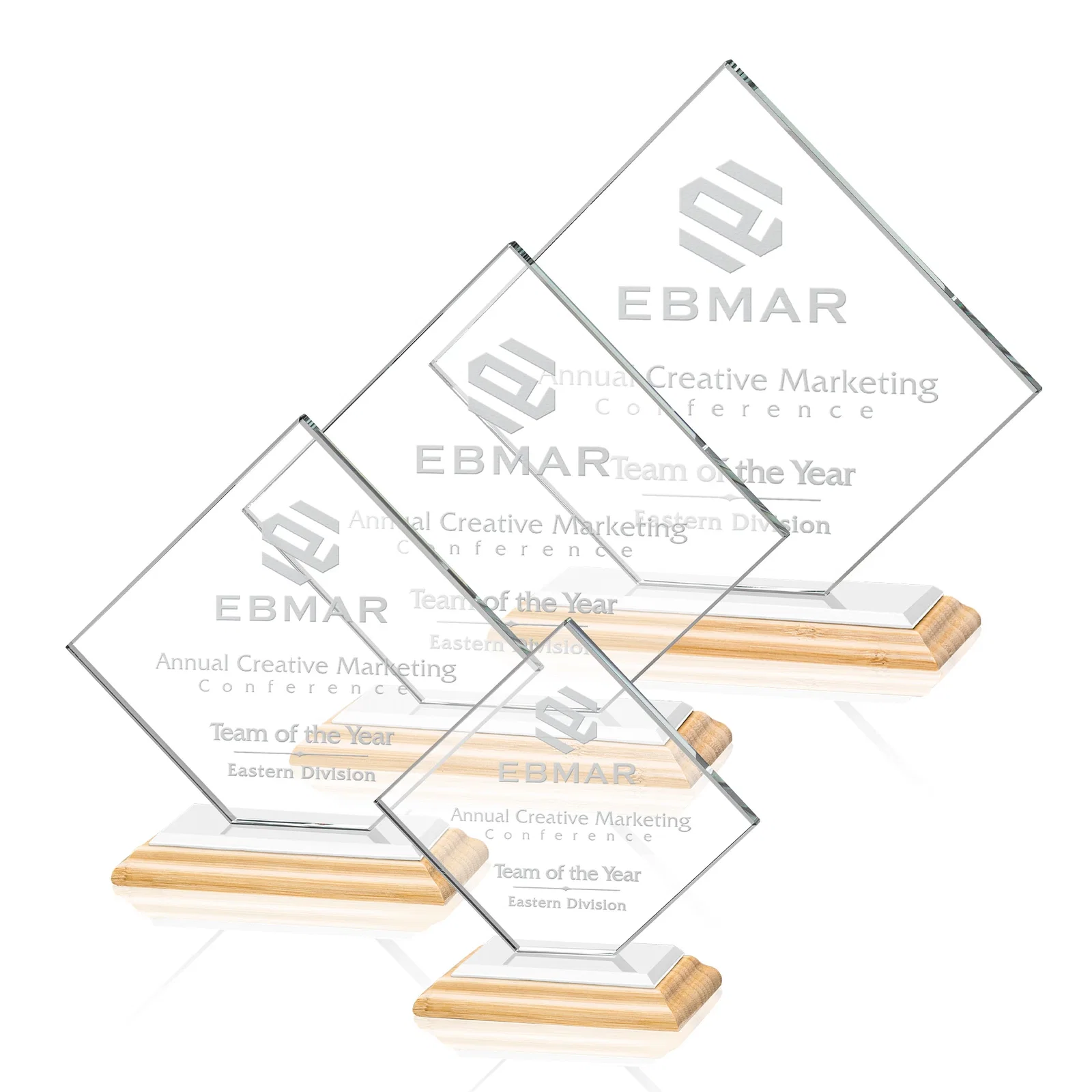 Promotional Starfire Crystal Diamond Award on an Ivory Flat-Edge Base, with your logo for company anniversary events