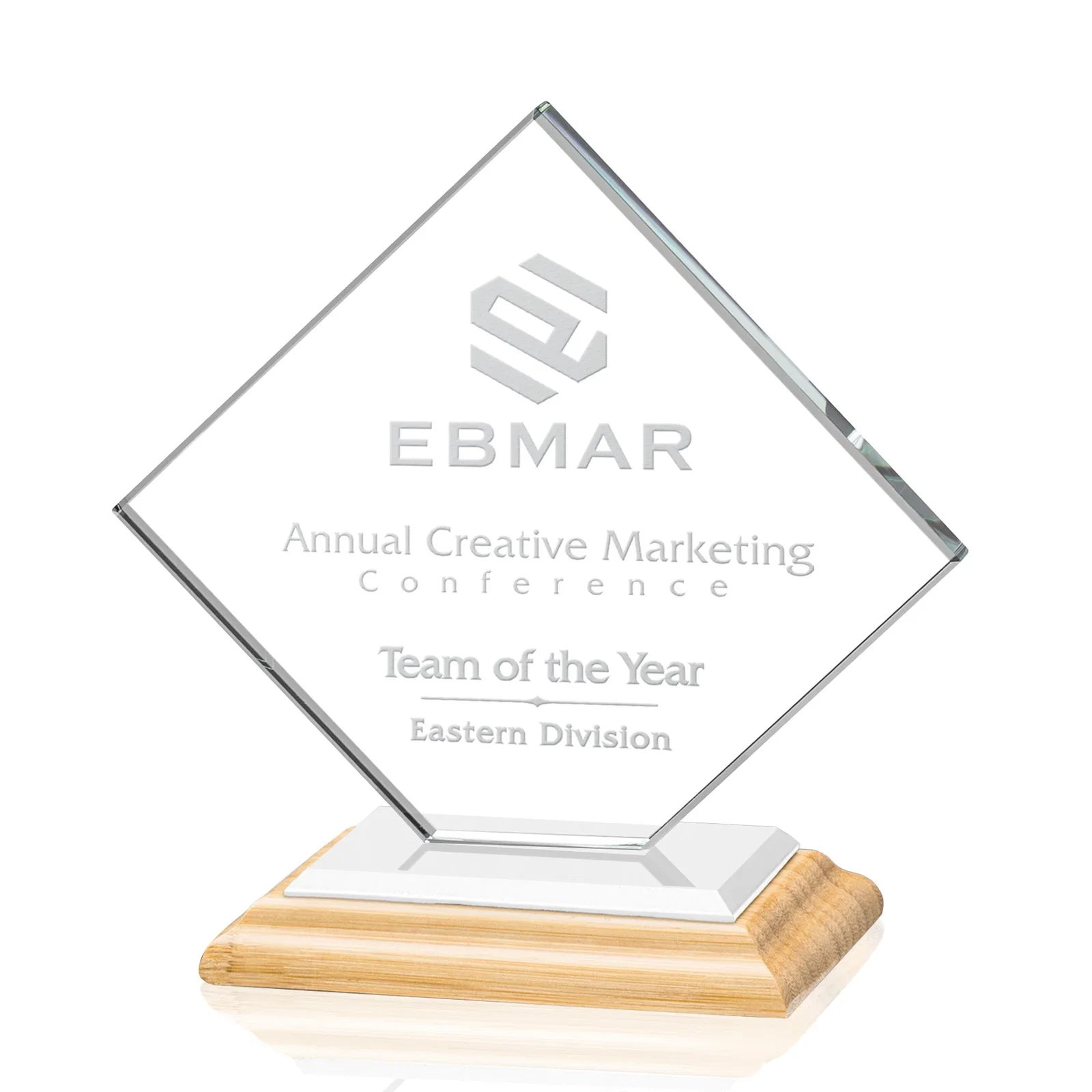Branded Starfire Crystal Diamond Award on an Ivory Flat-Edge Base, with your logo for employee recognition