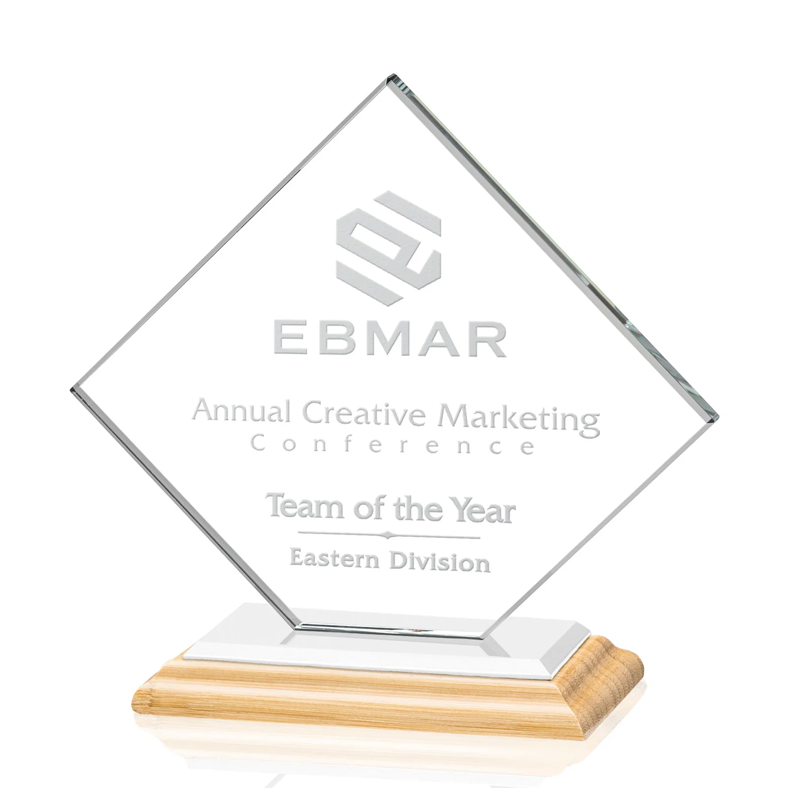 Branded Starfire Crystal Diamond Award on an Ivory Flat-Edge Base, with your logo for corporate award ceremonies