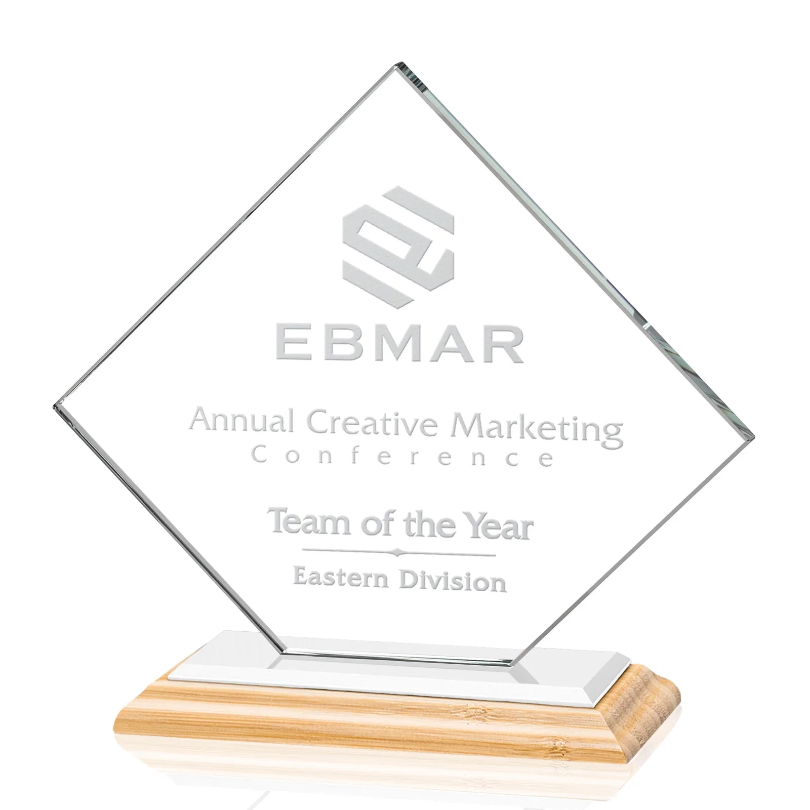 Branded Starfire Crystal Diamond Award on an Ivory Flat-Edge Base, with your logo for service anniversary gifts