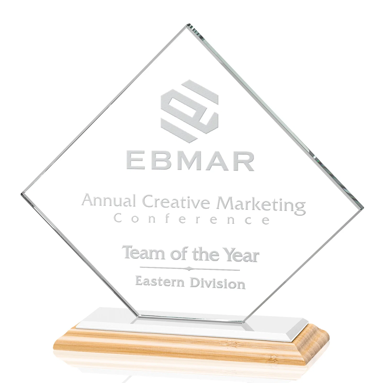 Branded Starfire Crystal Diamond Award on an Ivory Flat-Edge Base, with your logo for sales achievement awards