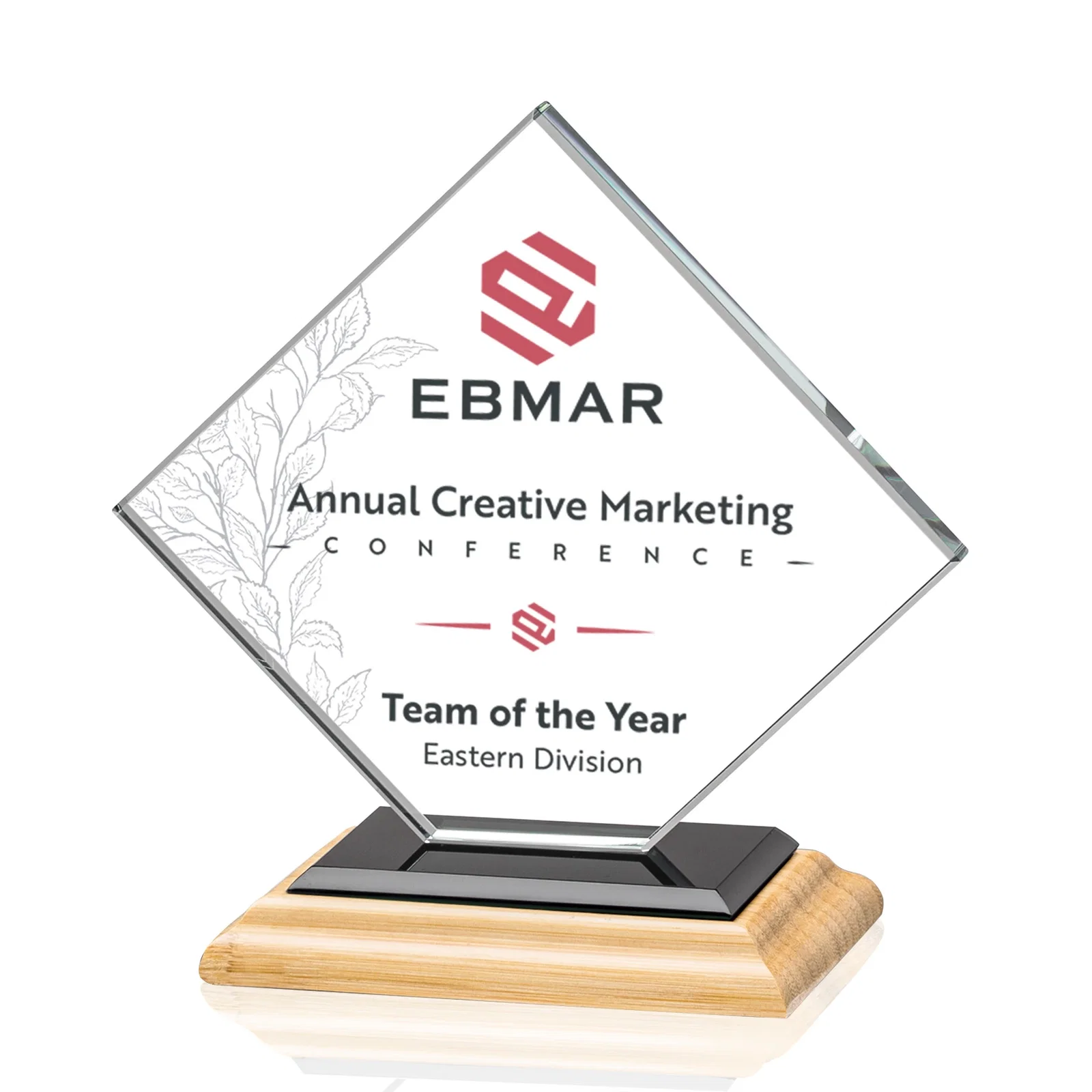 Branded Starfire Crystal Diamond Award on an Ivory Flat-Edge Base, with your logo for team milestone celebrations