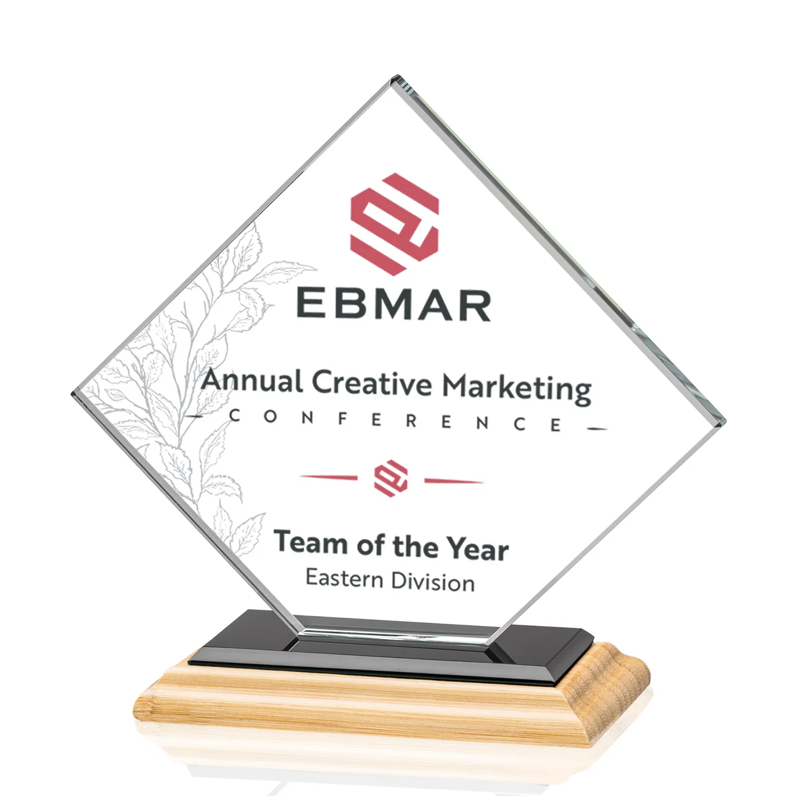 Branded Starfire Crystal Diamond Award on an Ivory Flat-Edge Base, with your logo for donor appreciation