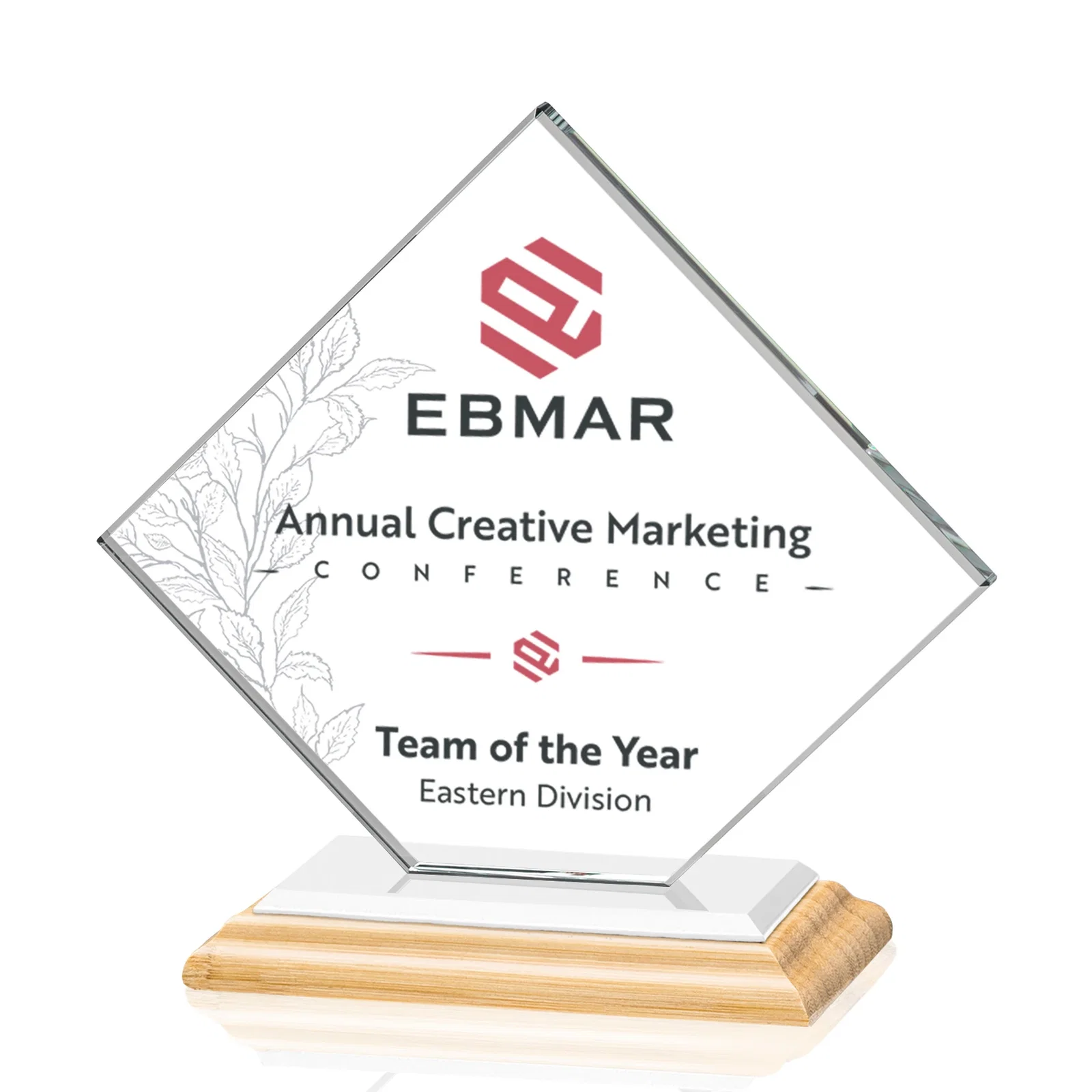 Branded Starfire Crystal Diamond Award on an Ivory Flat-Edge Base, with your logo for company anniversary events