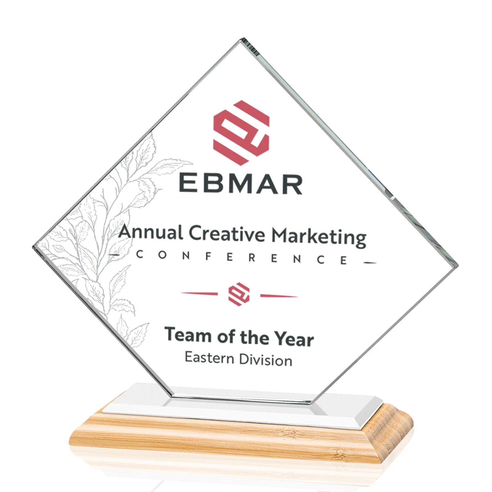 Custom printed Starfire Crystal Diamond Award on an Ivory Flat-Edge Base, with your logo for employee recognition