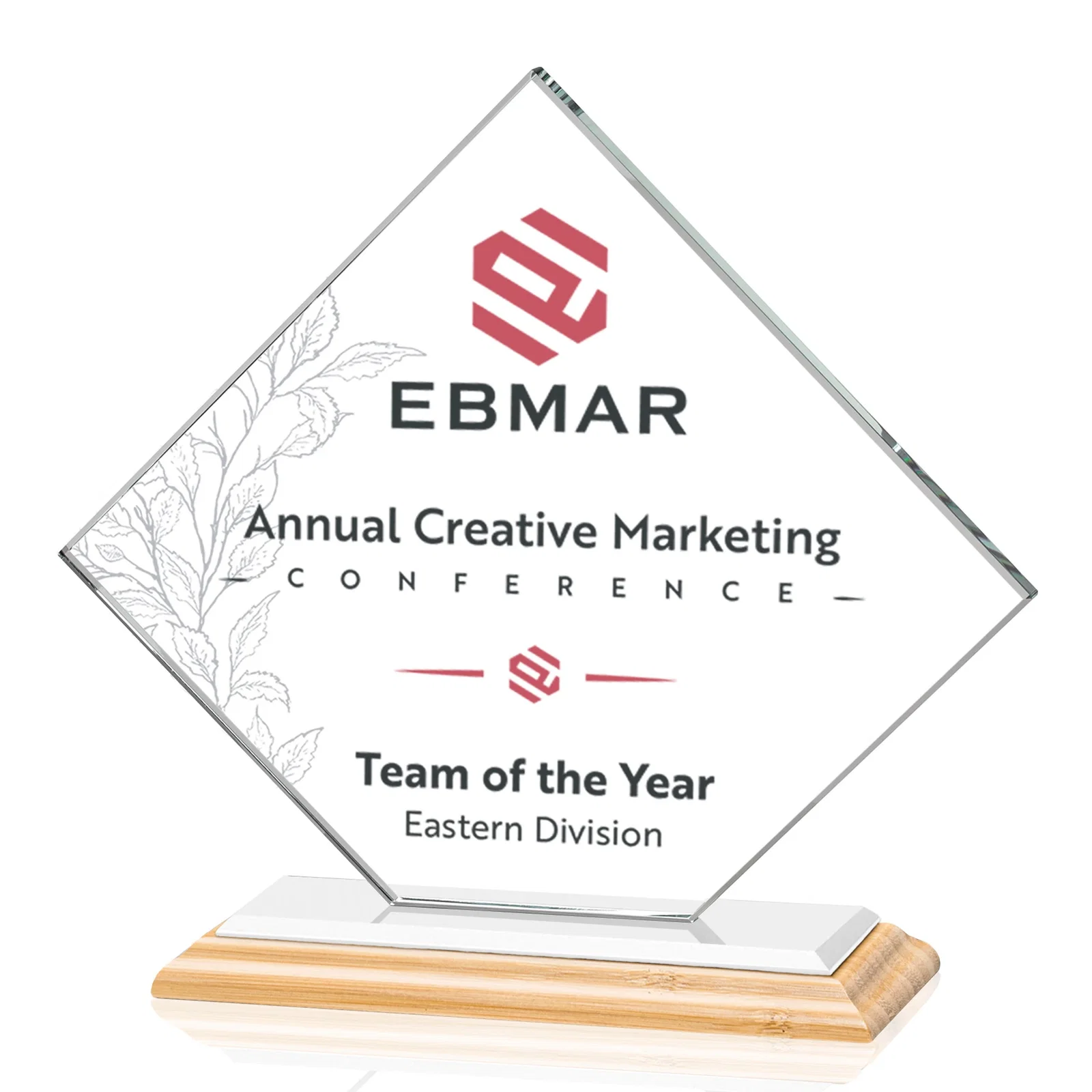Custom printed Starfire Crystal Diamond Award on an Ivory Flat-Edge Base, with your logo for corporate award ceremonies