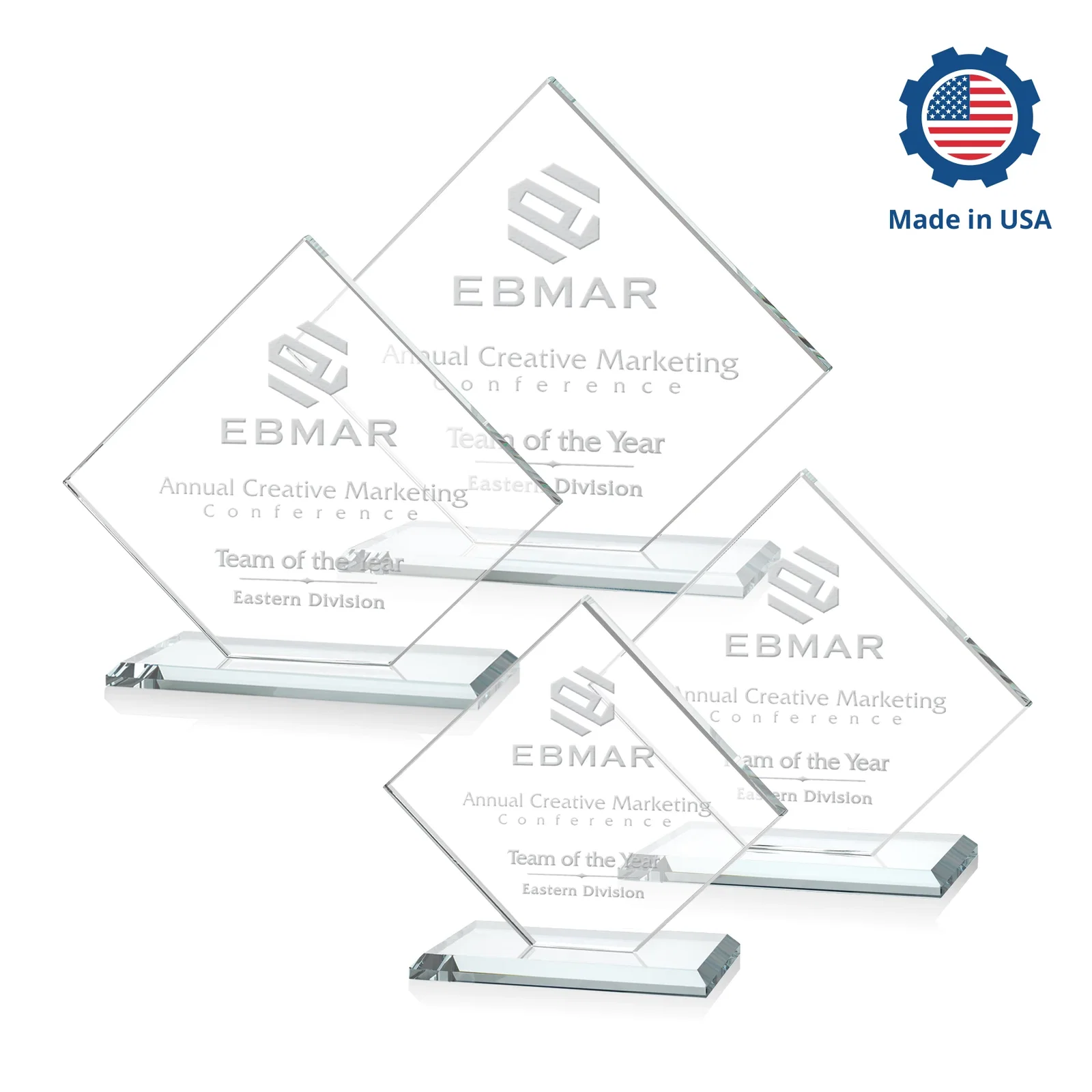 Custom printed Starfire Crystal Diamond Award on an Ivory Flat-Edge Base, with your logo for service anniversary gifts