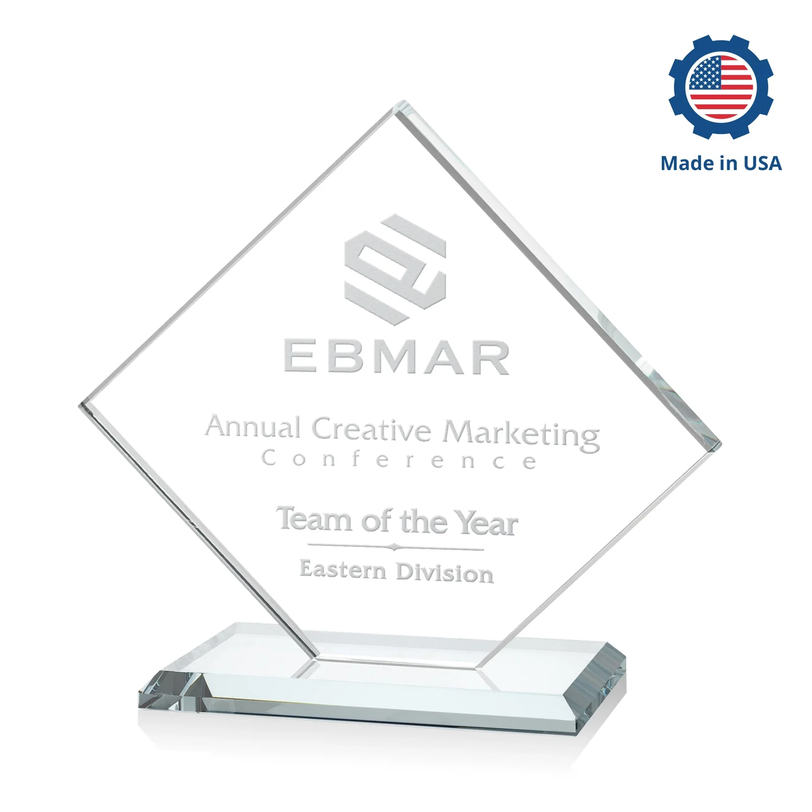 Custom printed Starfire Crystal Diamond Award on an Ivory Flat-Edge Base, with your logo for sales achievement awards