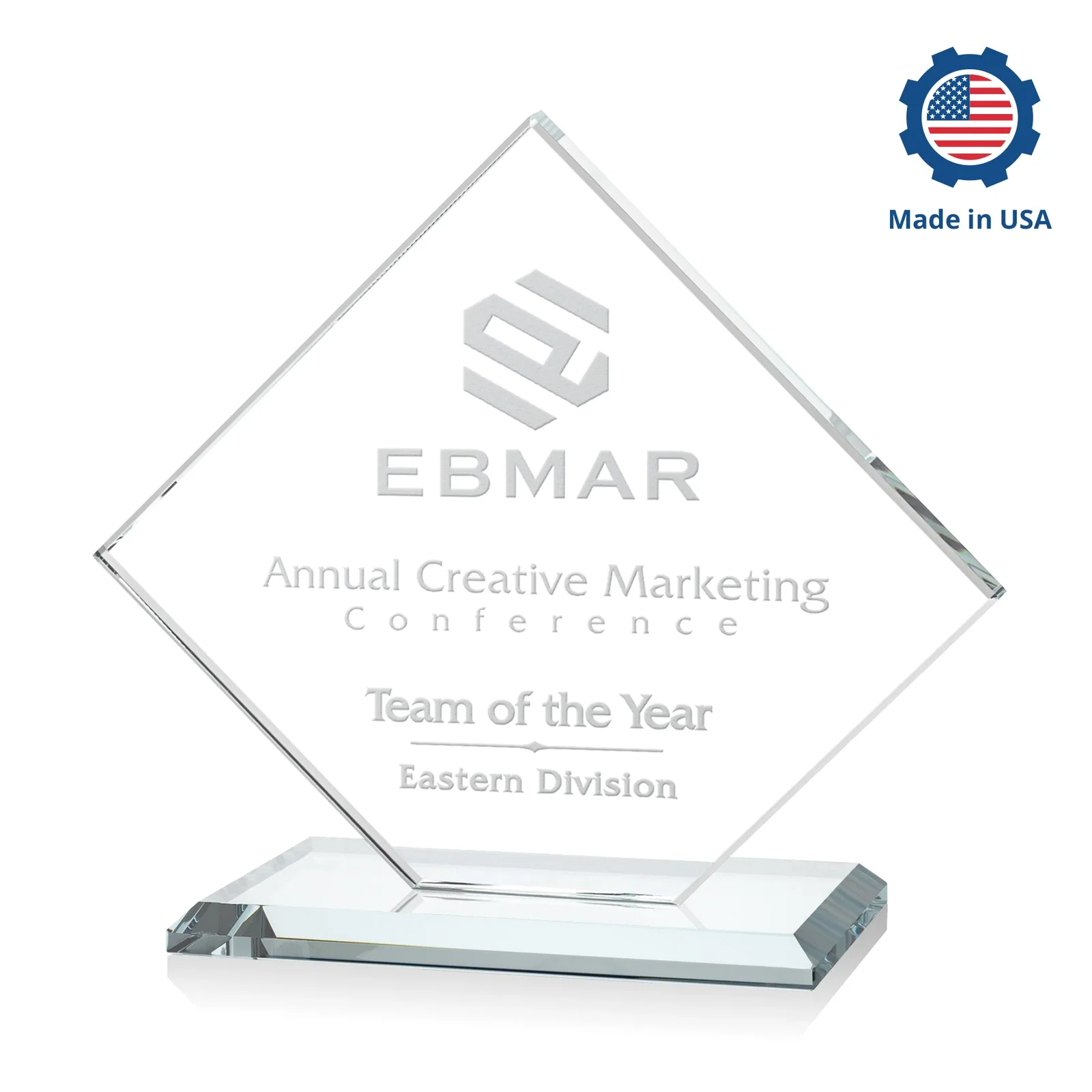 Custom printed Starfire Crystal Diamond Award on an Ivory Flat-Edge Base, with your logo for retirement presentations