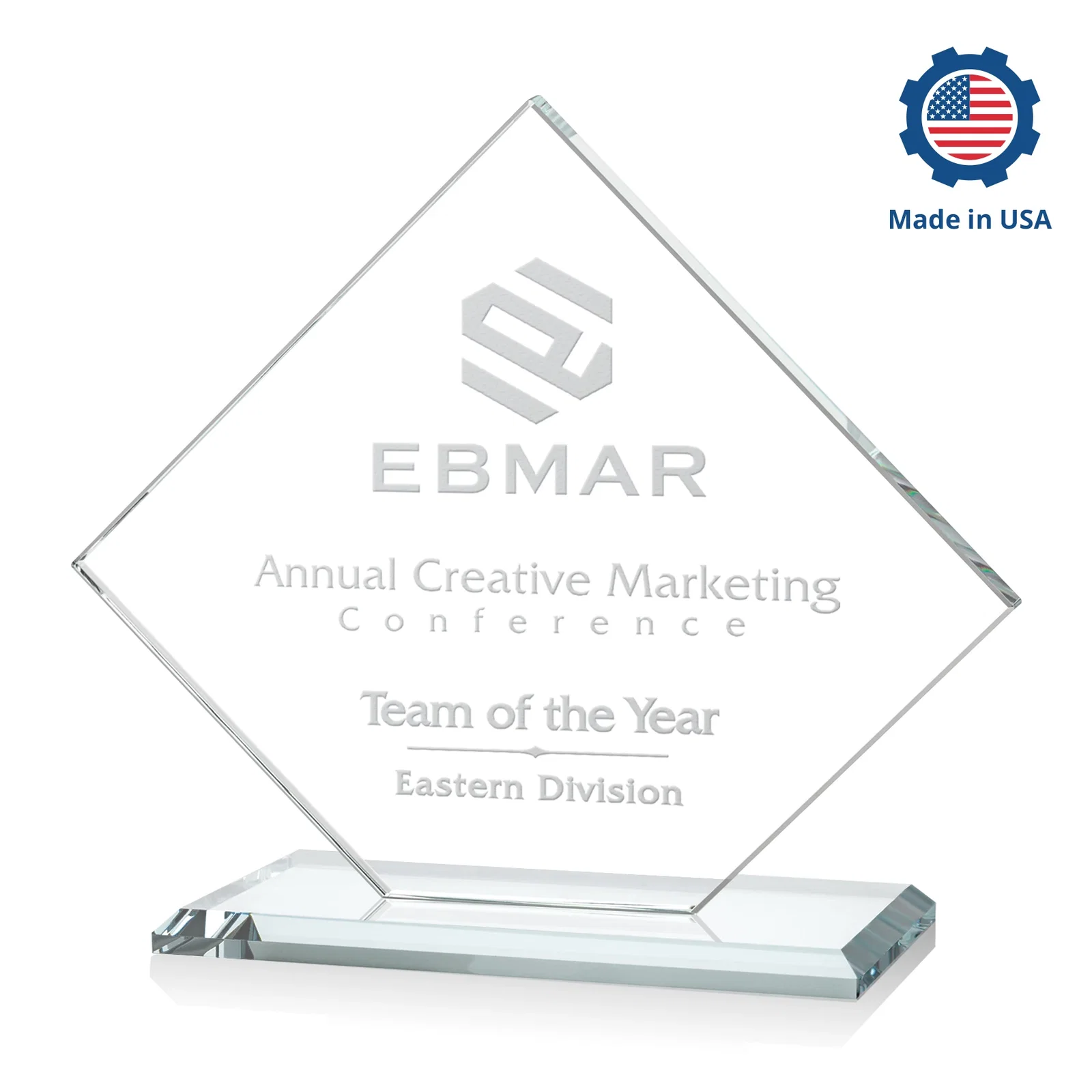 Custom printed Starfire Crystal Diamond Award on an Ivory Flat-Edge Base, with your logo for team milestone celebrations