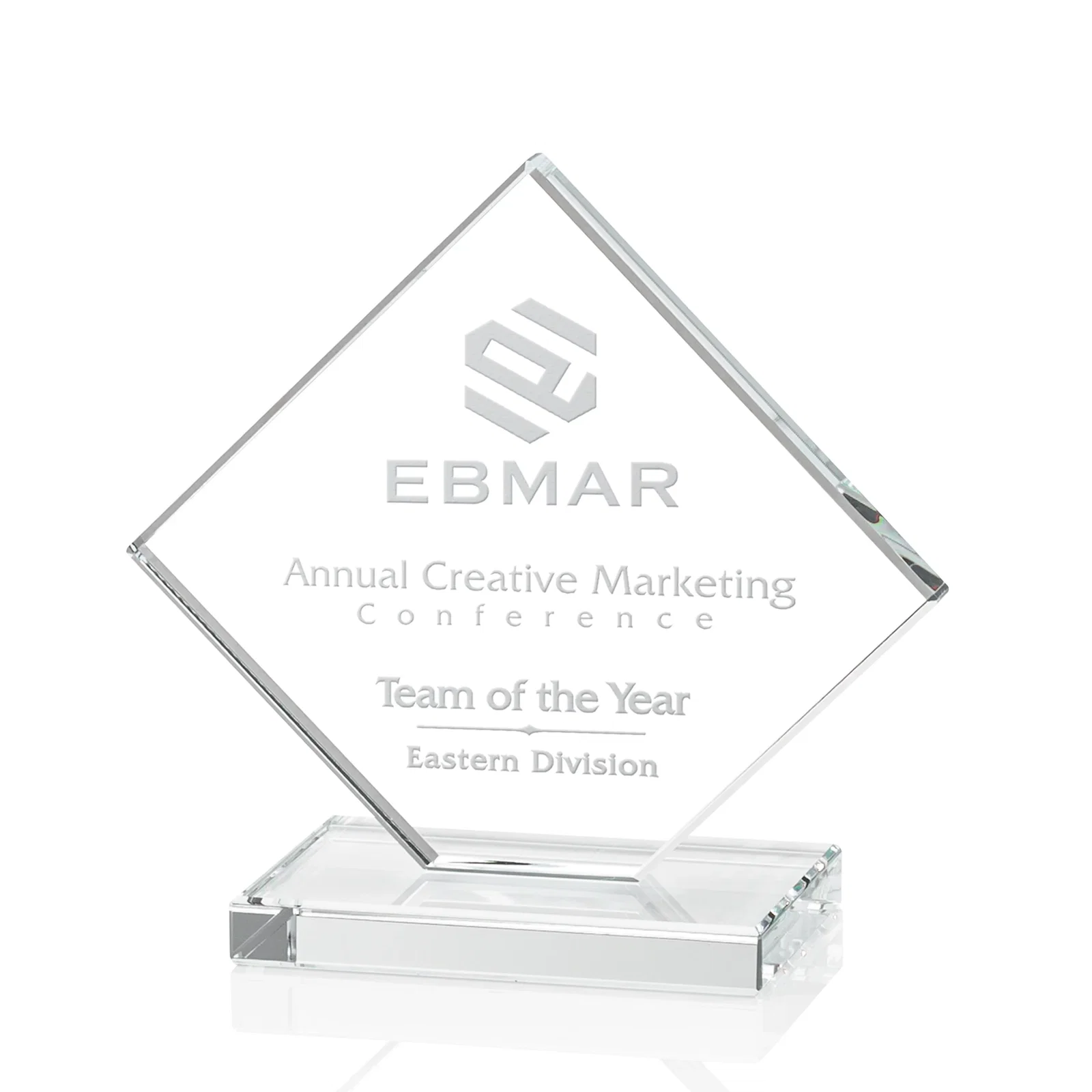 Personalized Starfire Crystal Diamond Award on an Ivory Flat-Edge Base for service anniversary gifts