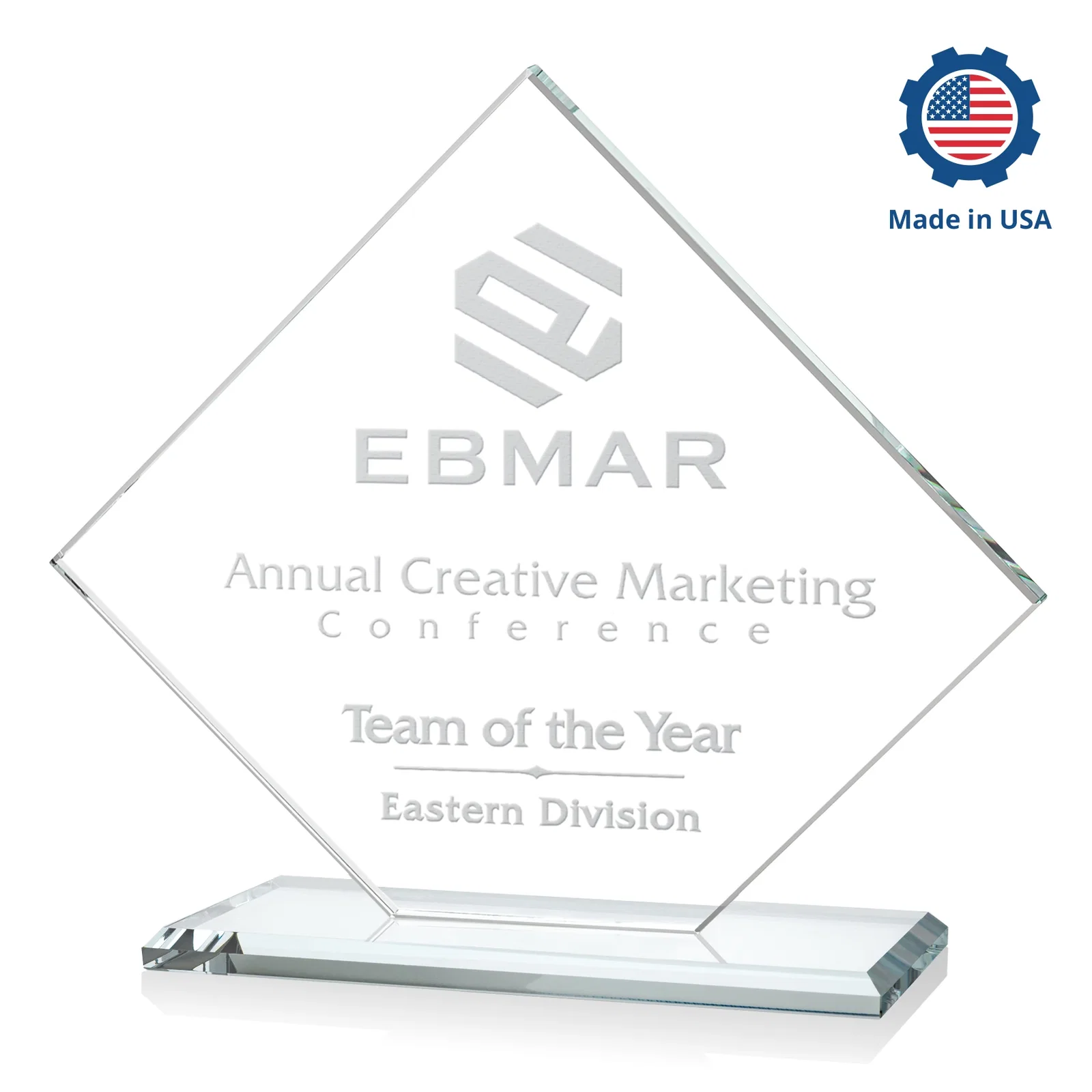 Custom printed Starfire Crystal Diamond Award on an Ivory Flat-Edge Base, with your logo for donor appreciation