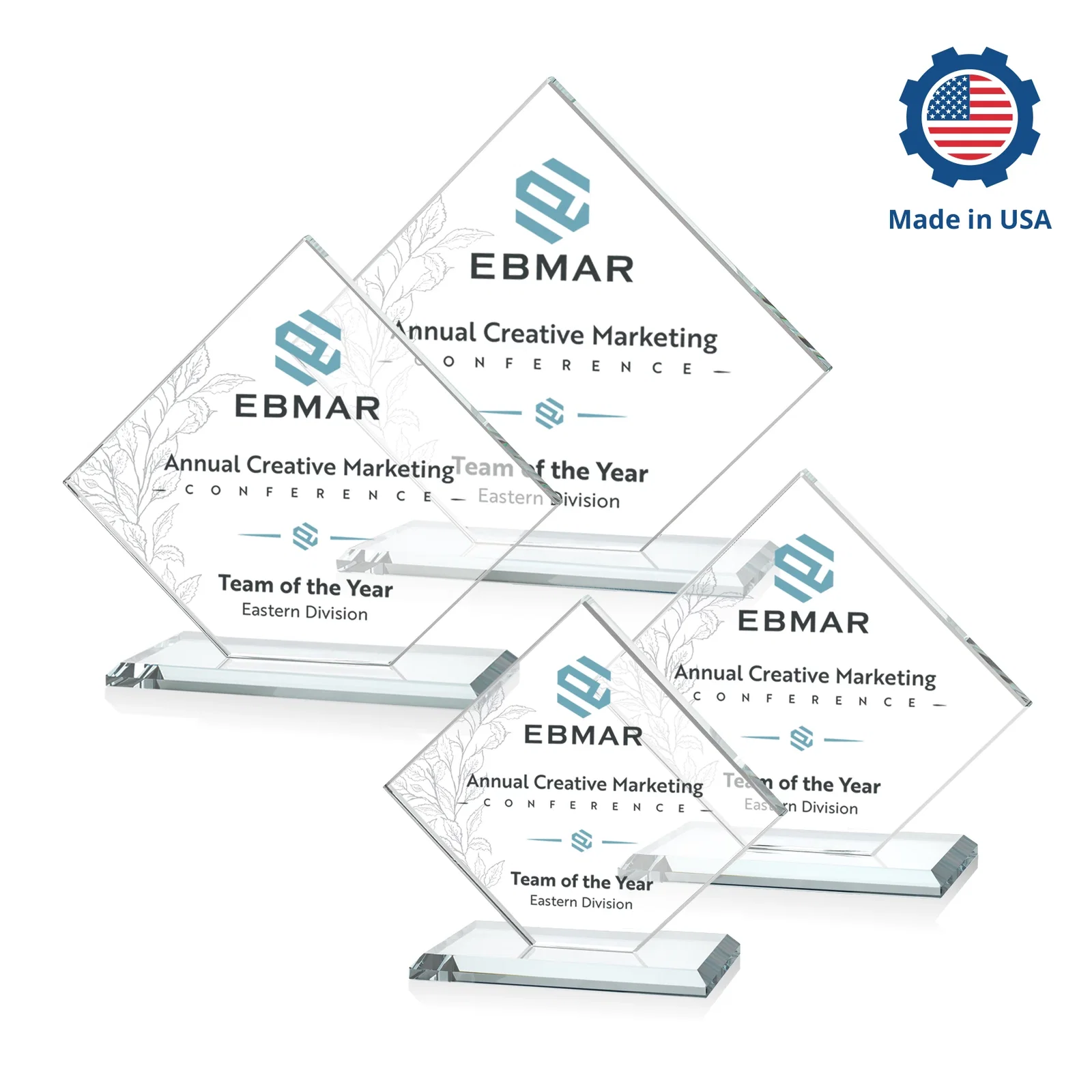 Custom printed Starfire Crystal Diamond Award on an Ivory Flat-Edge Base, with your logo for graduation ceremonies
