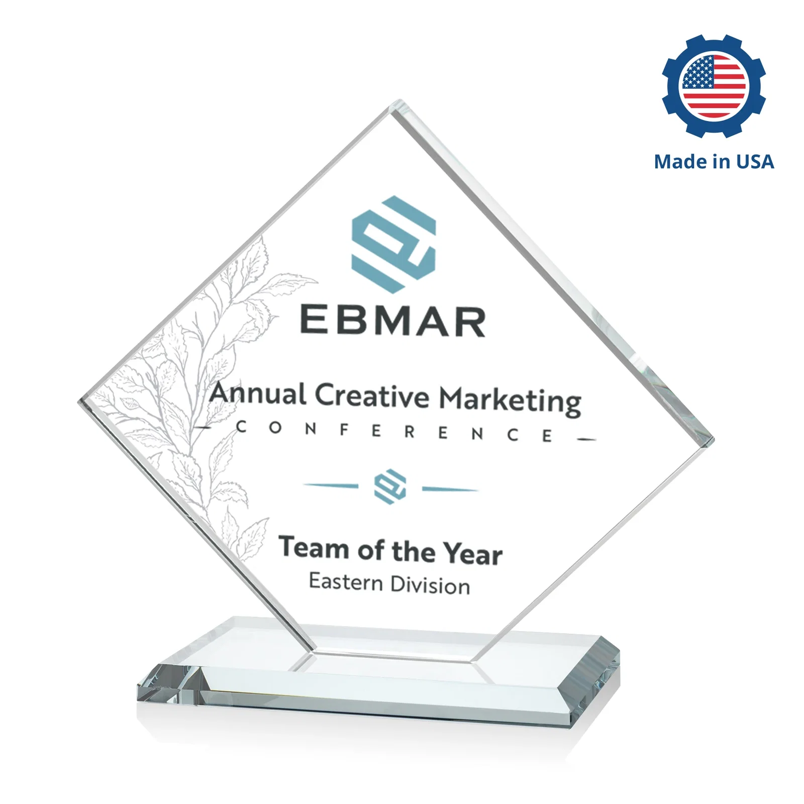 Custom printed Starfire Crystal Diamond Award on an Ivory Flat-Edge Base, with your logo for safety achievement programs