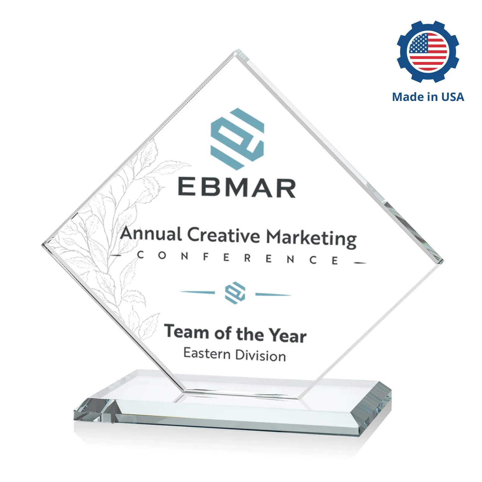 Custom printed Starfire Crystal Diamond Award on an Ivory Flat-Edge Base, with your logo for volunteer appreciation
