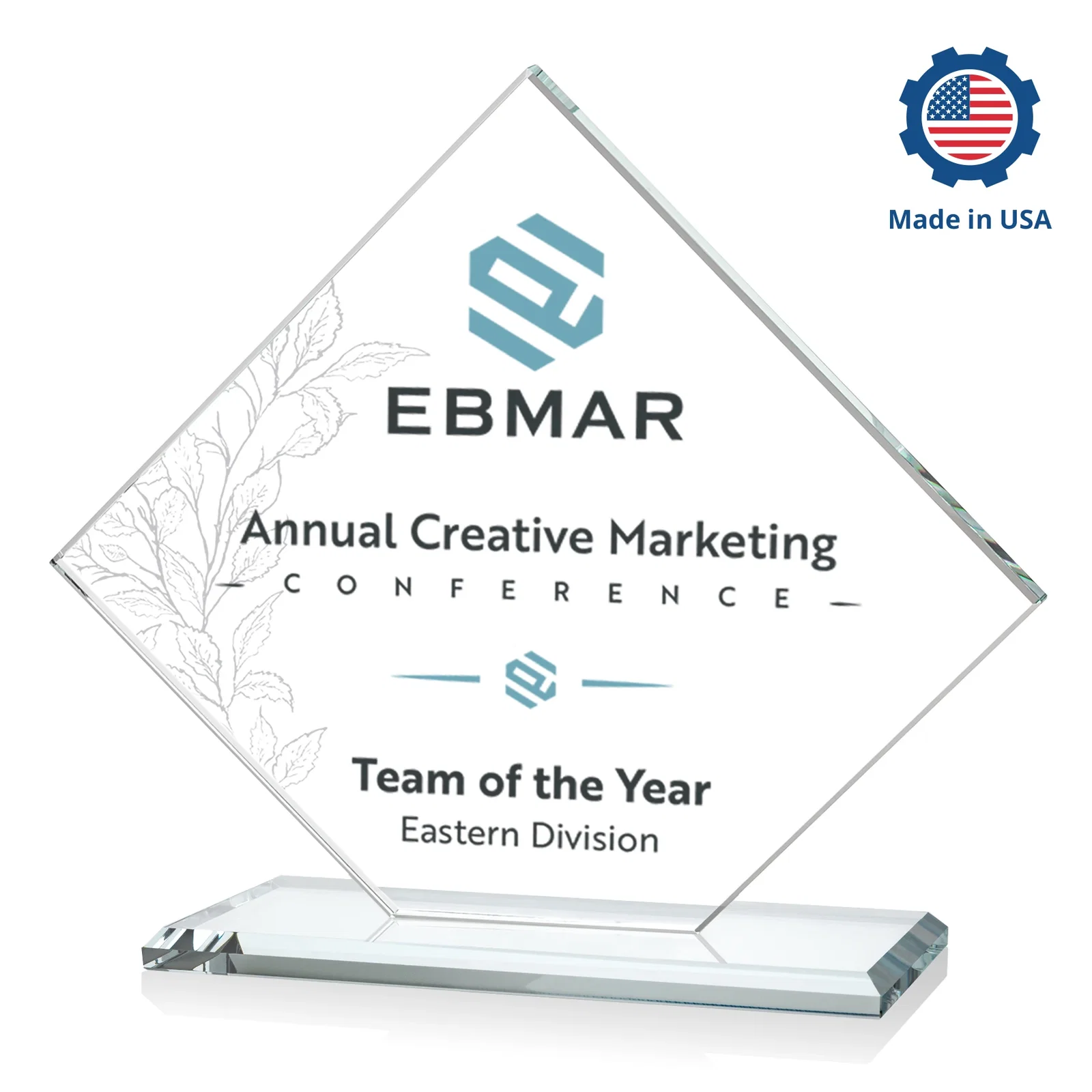Custom printed Starfire Crystal Diamond Award on an Ivory Flat-Edge Base, with your logo for company anniversary events