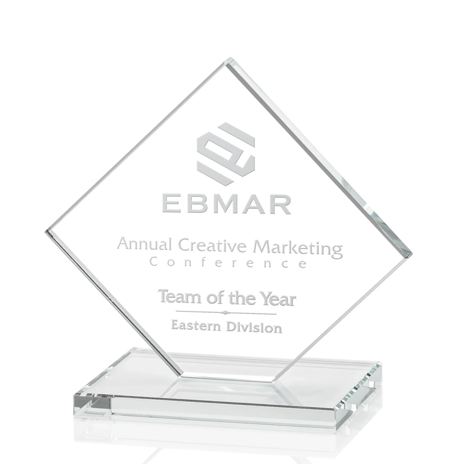 Personalized Starfire Crystal Diamond Award on an Ivory Flat-Edge Base for sales achievement awards