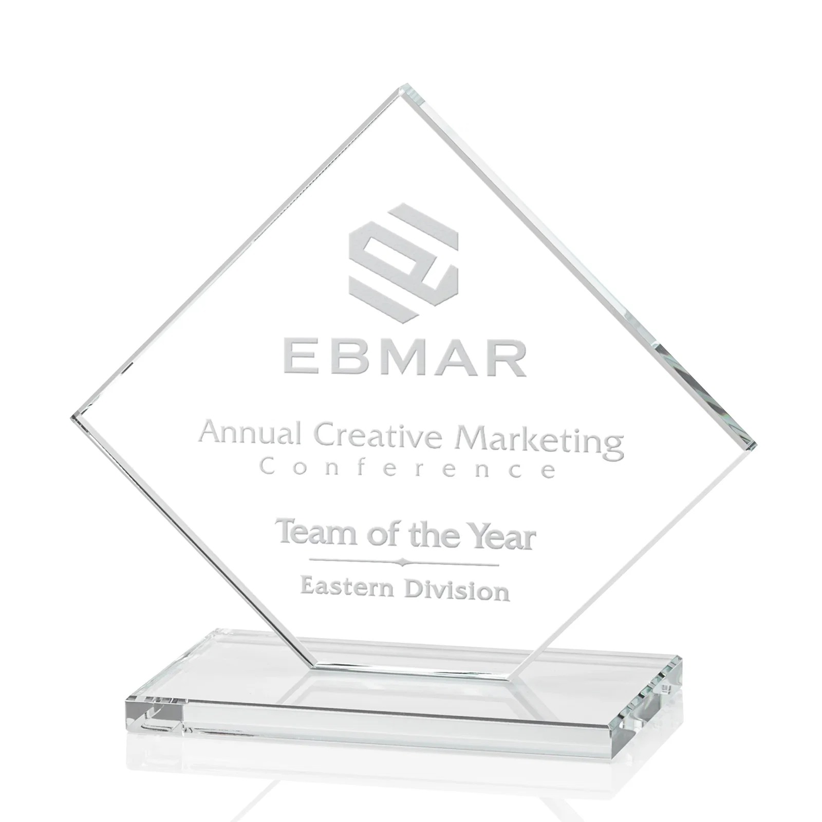 Personalized Starfire Crystal Diamond Award on an Ivory Flat-Edge Base for retirement presentations