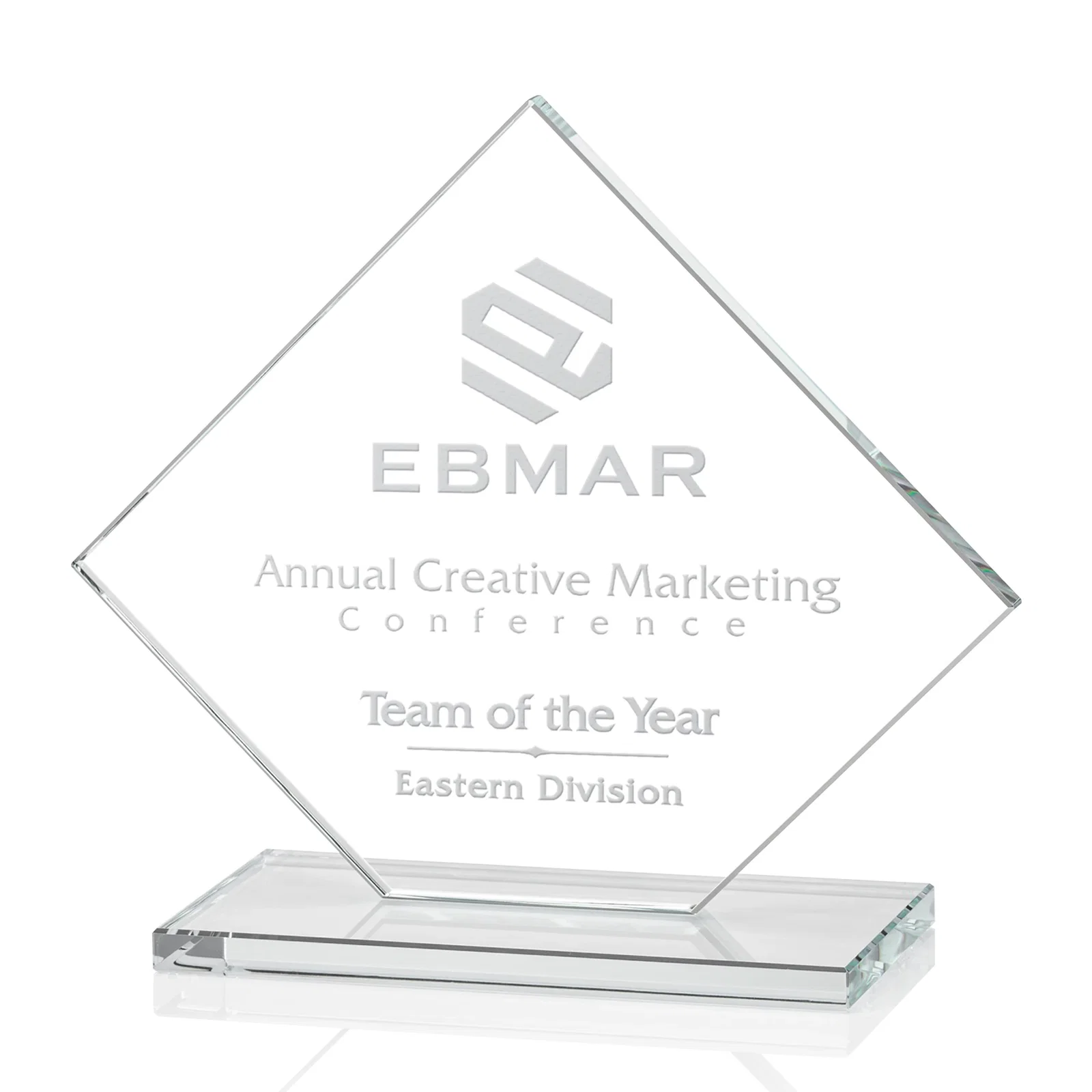 Personalized Starfire Crystal Diamond Award on an Ivory Flat-Edge Base for team milestone celebrations