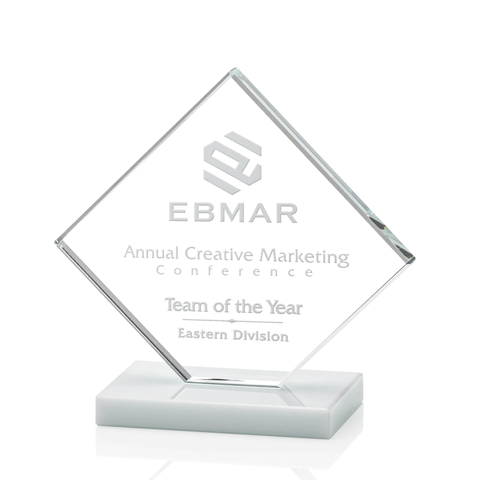Custom Starfire Crystal Diamond Award on an Ivory Flat-Edge Base for corporate award ceremonies