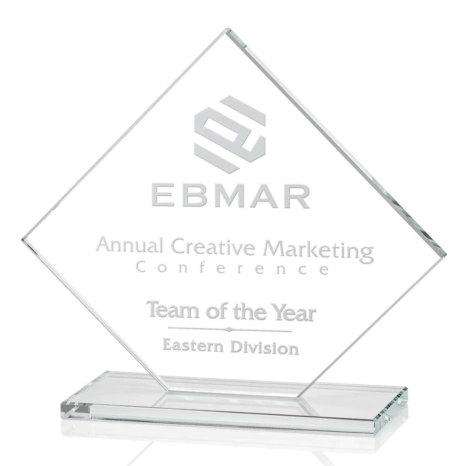 Personalized Starfire Crystal Diamond Award on an Ivory Flat-Edge Base for donor appreciation