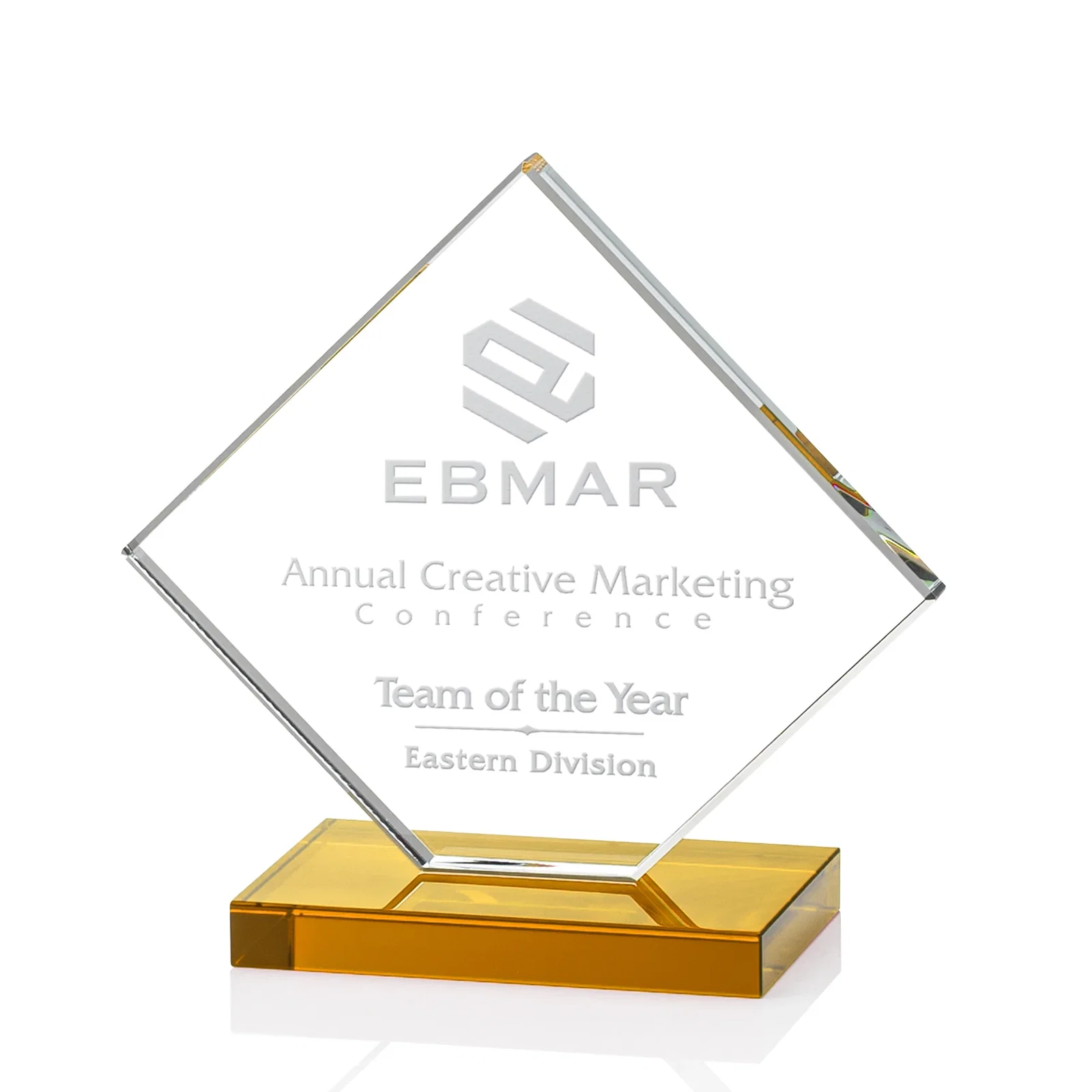 Promotional Starfire Crystal Diamond Award on an Ivory Flat-Edge Base for service anniversary gifts