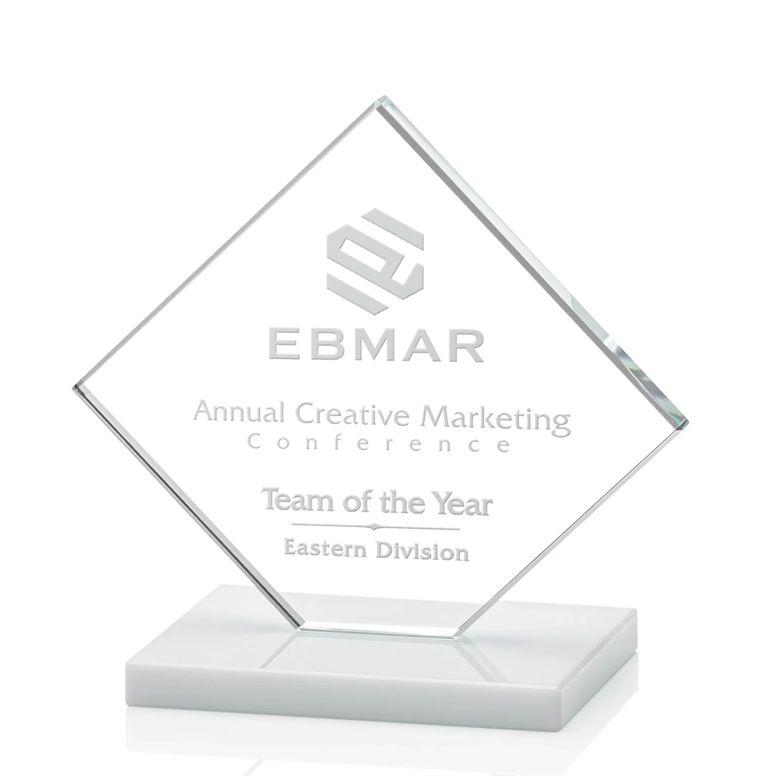 Custom Starfire Crystal Diamond Award on an Ivory Flat-Edge Base for service anniversary gifts