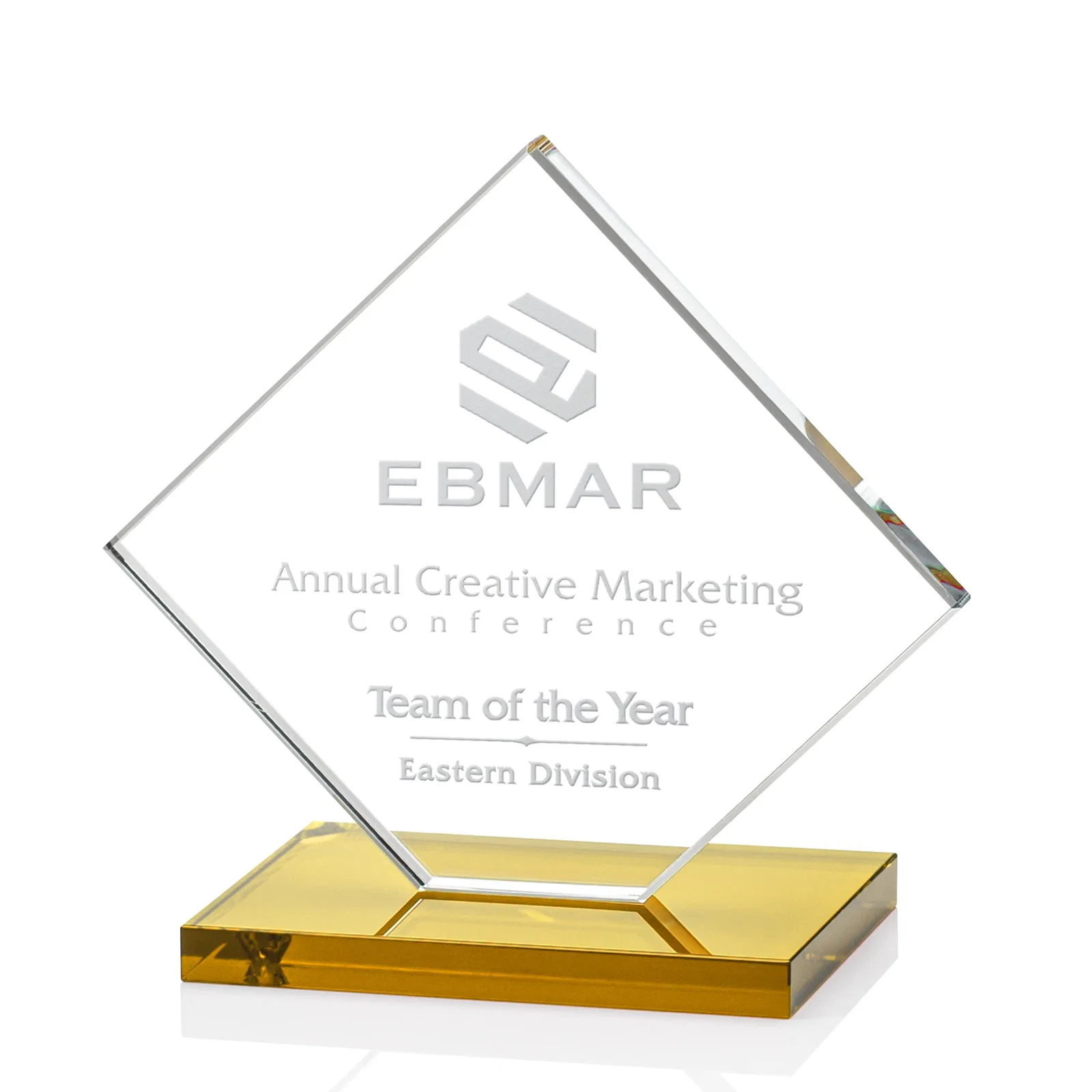 Promotional Starfire Crystal Diamond Award on an Ivory Flat-Edge Base for sales achievement awards