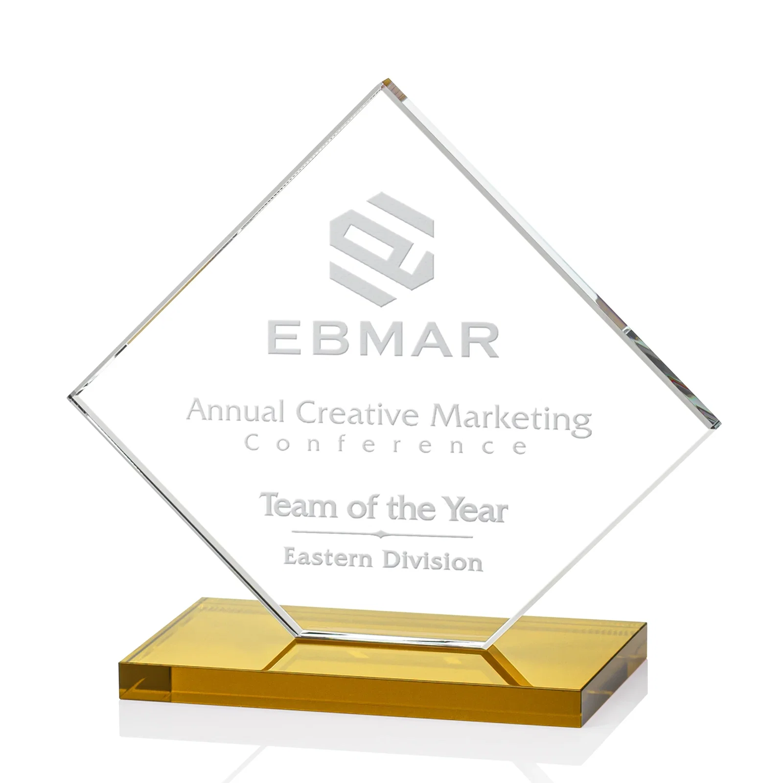 Promotional Starfire Crystal Diamond Award on an Ivory Flat-Edge Base for retirement presentations