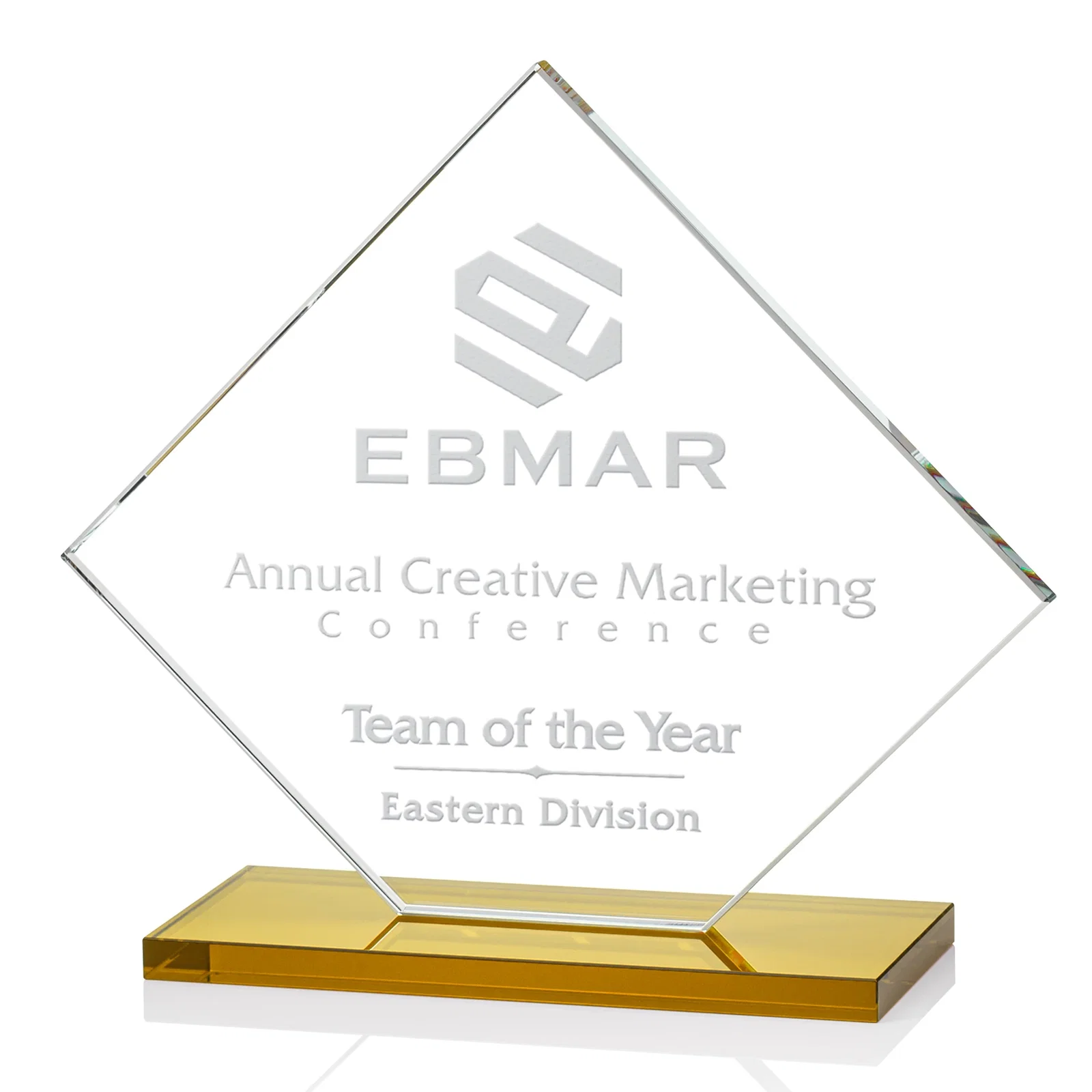 Promotional Starfire Crystal Diamond Award on an Ivory Flat-Edge Base for donor appreciation