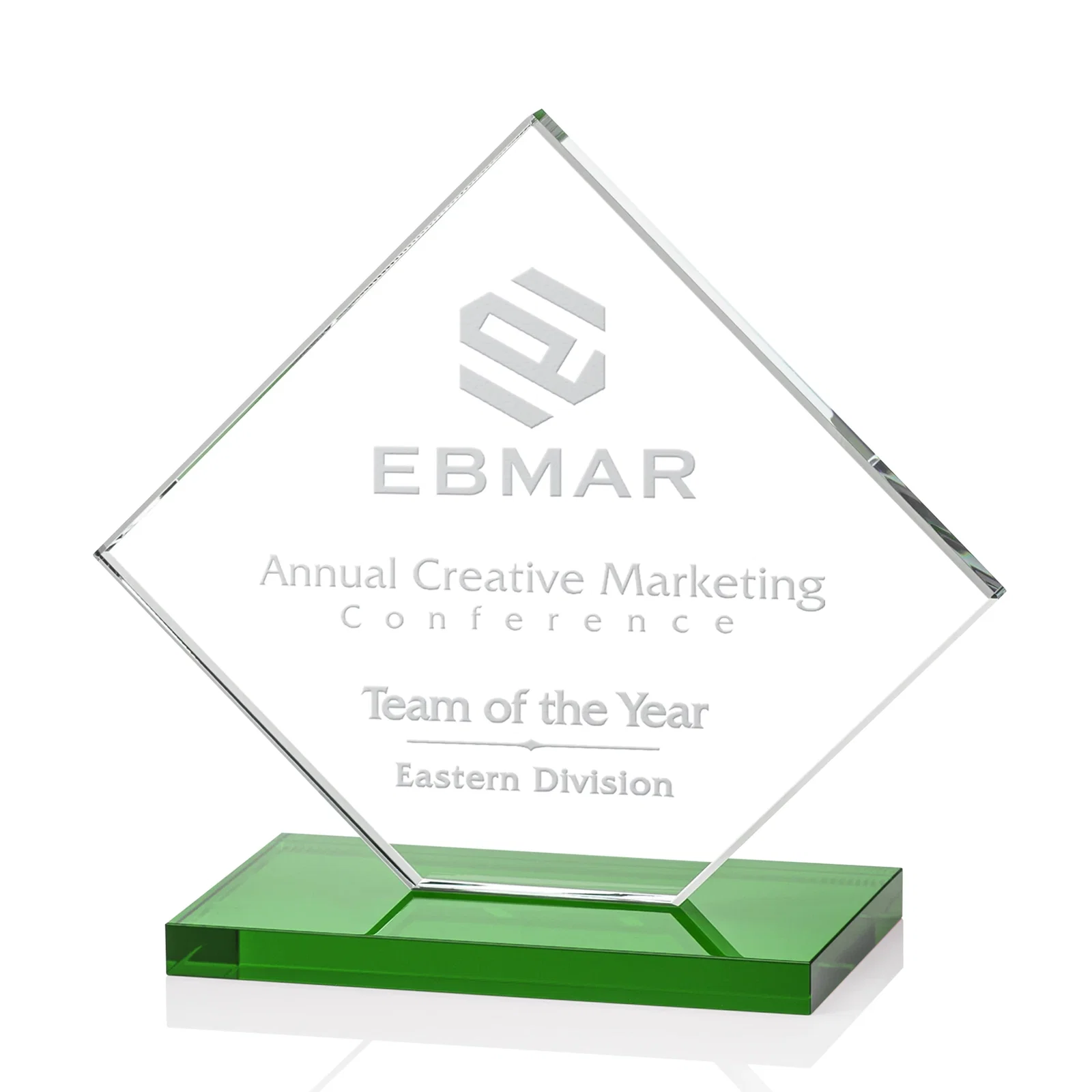 Promotional Starfire Crystal Diamond Award on an Ivory Flat-Edge Base for dealer and partner awards