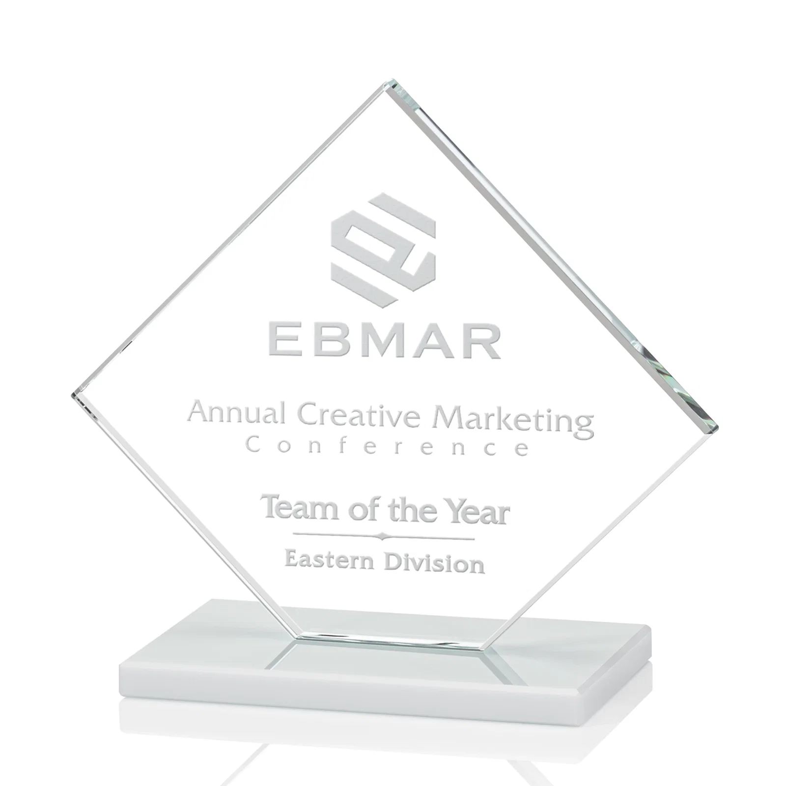 Custom Starfire Crystal Diamond Award on an Ivory Flat-Edge Base for sales achievement awards