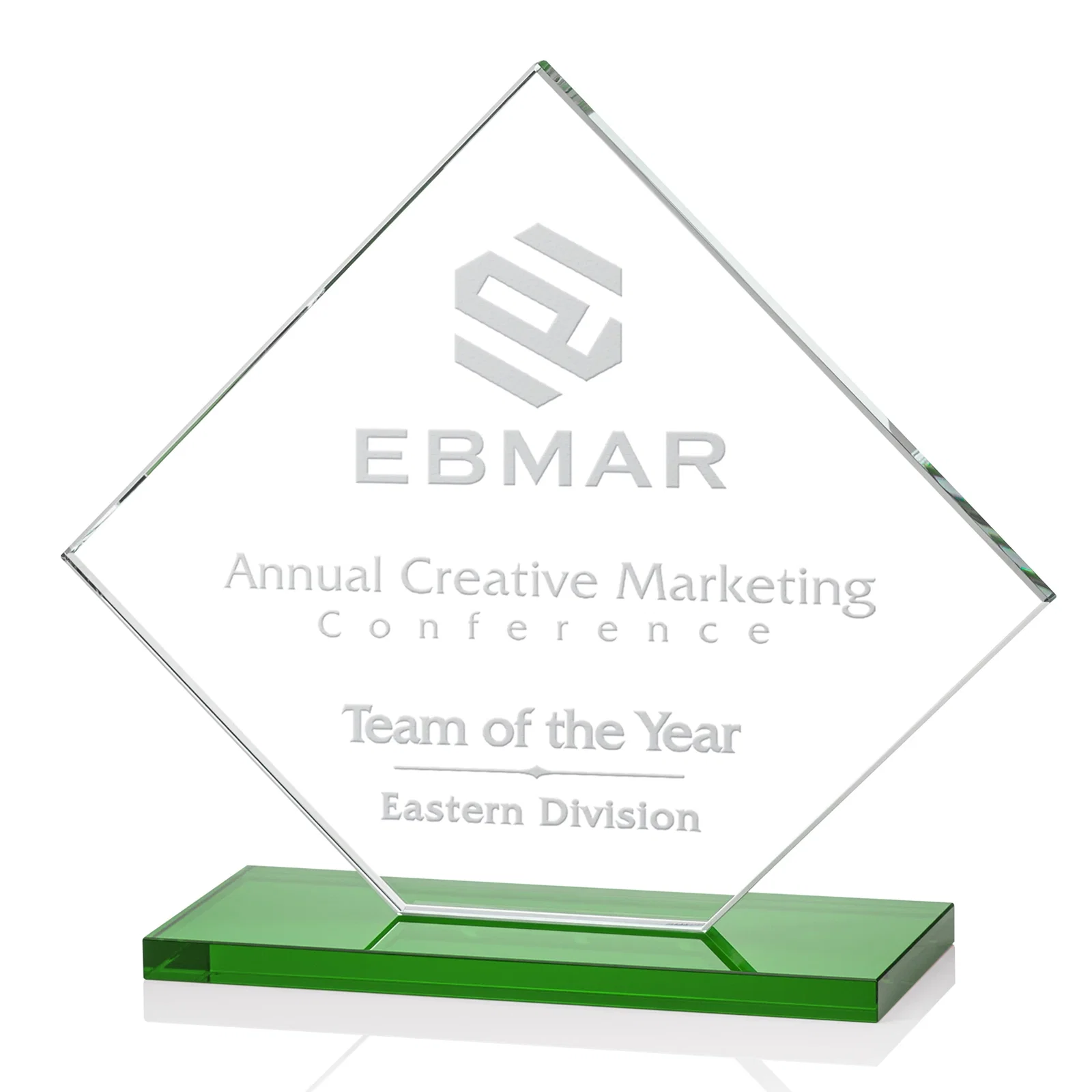 Branded Starfire Crystal Diamond Award on an Ivory Flat-Edge Base for employee recognition