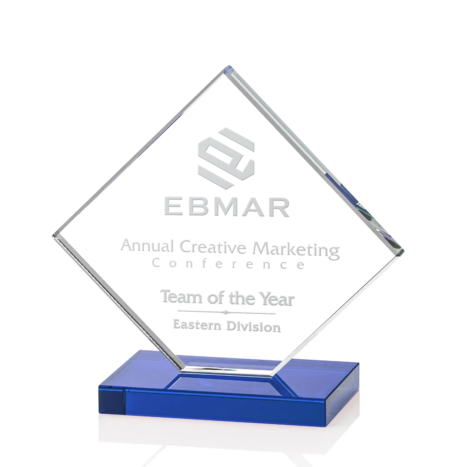 Branded Starfire Crystal Diamond Award on an Ivory Flat-Edge Base for service anniversary gifts