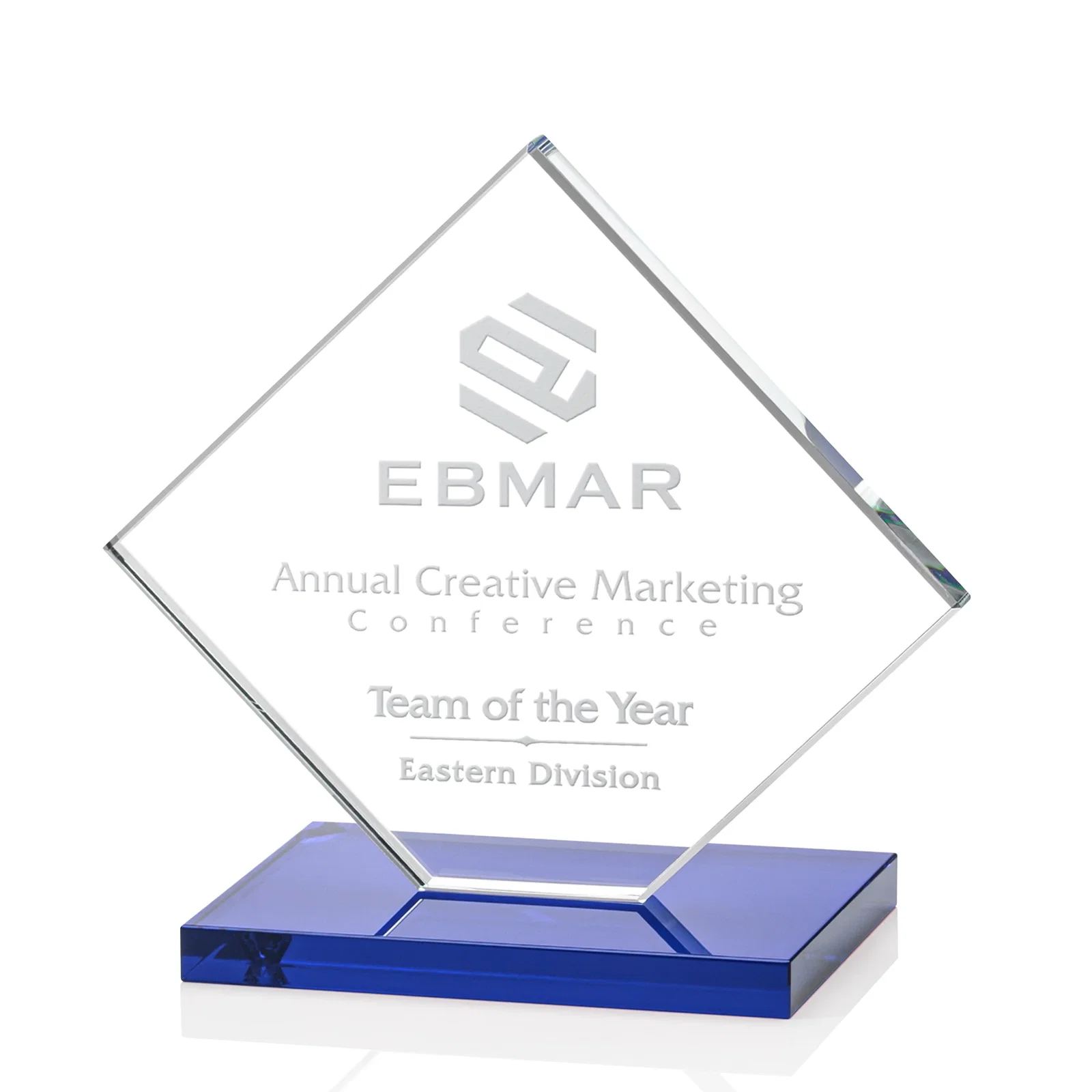 Branded Starfire Crystal Diamond Award on an Ivory Flat-Edge Base for sales achievement awards