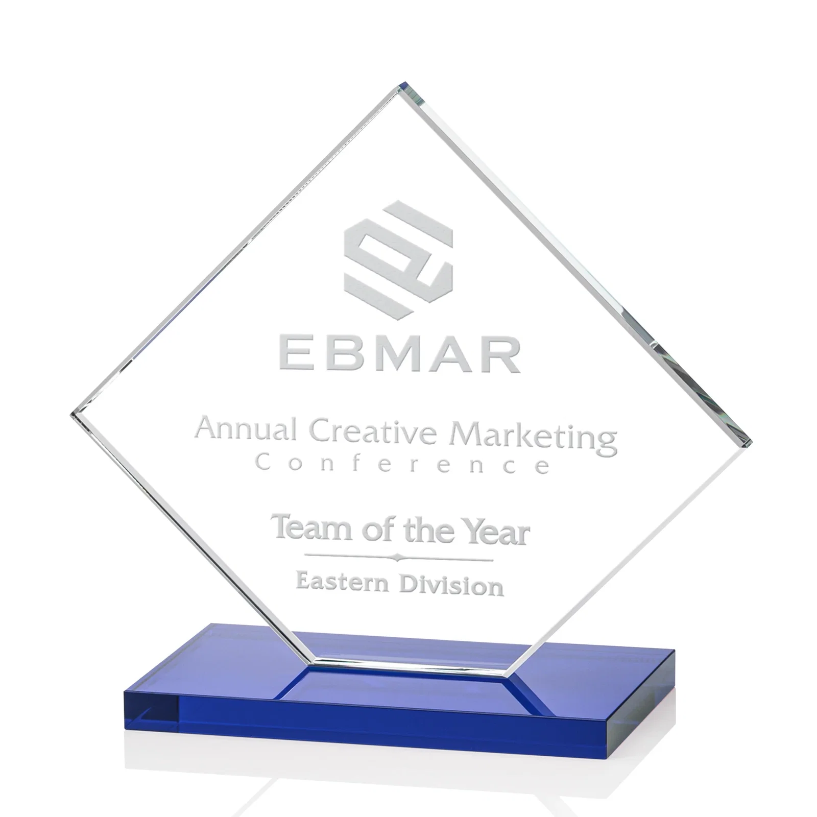 Branded Starfire Crystal Diamond Award on an Ivory Flat-Edge Base for retirement presentations