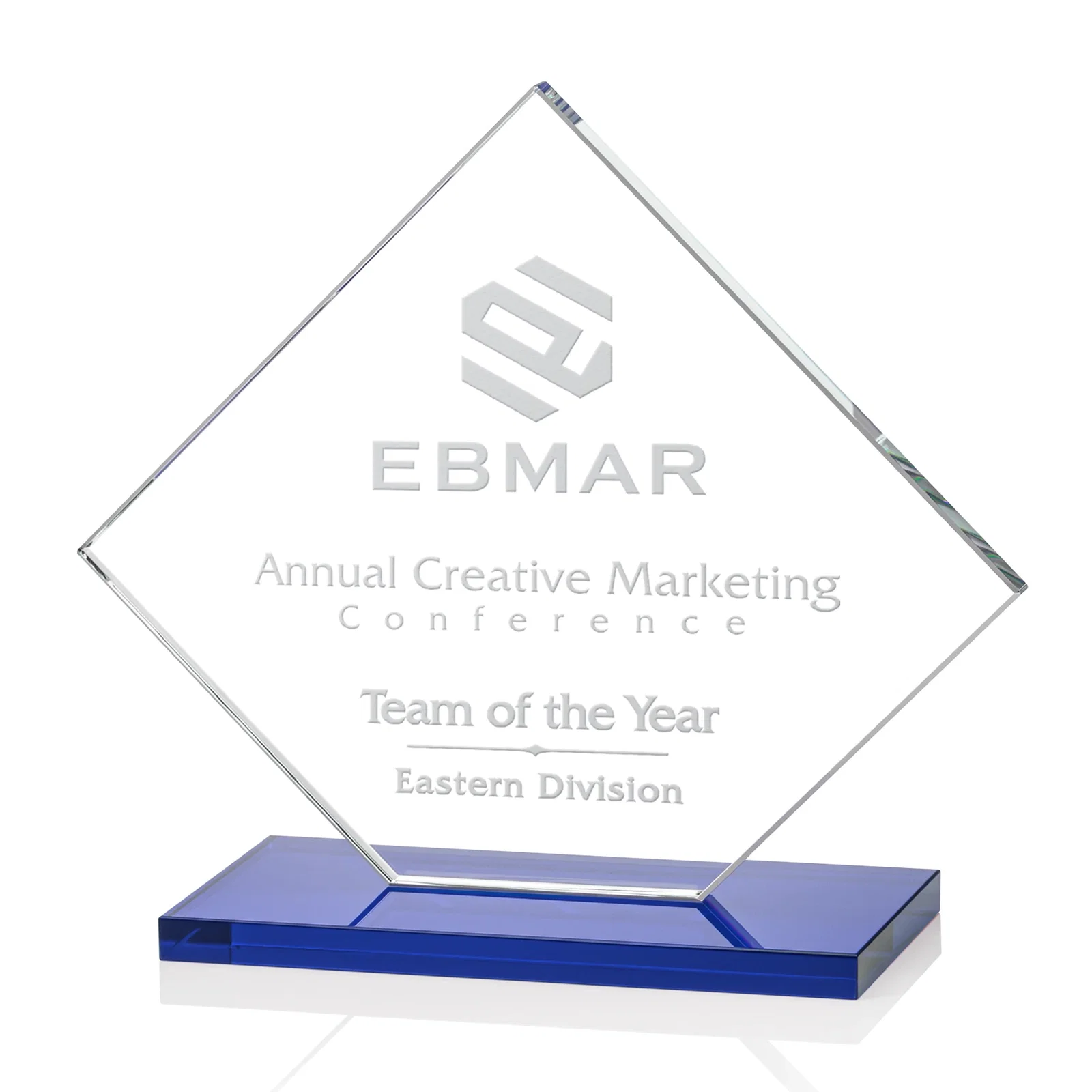 Branded Starfire Crystal Diamond Award on an Ivory Flat-Edge Base for team milestone celebrations