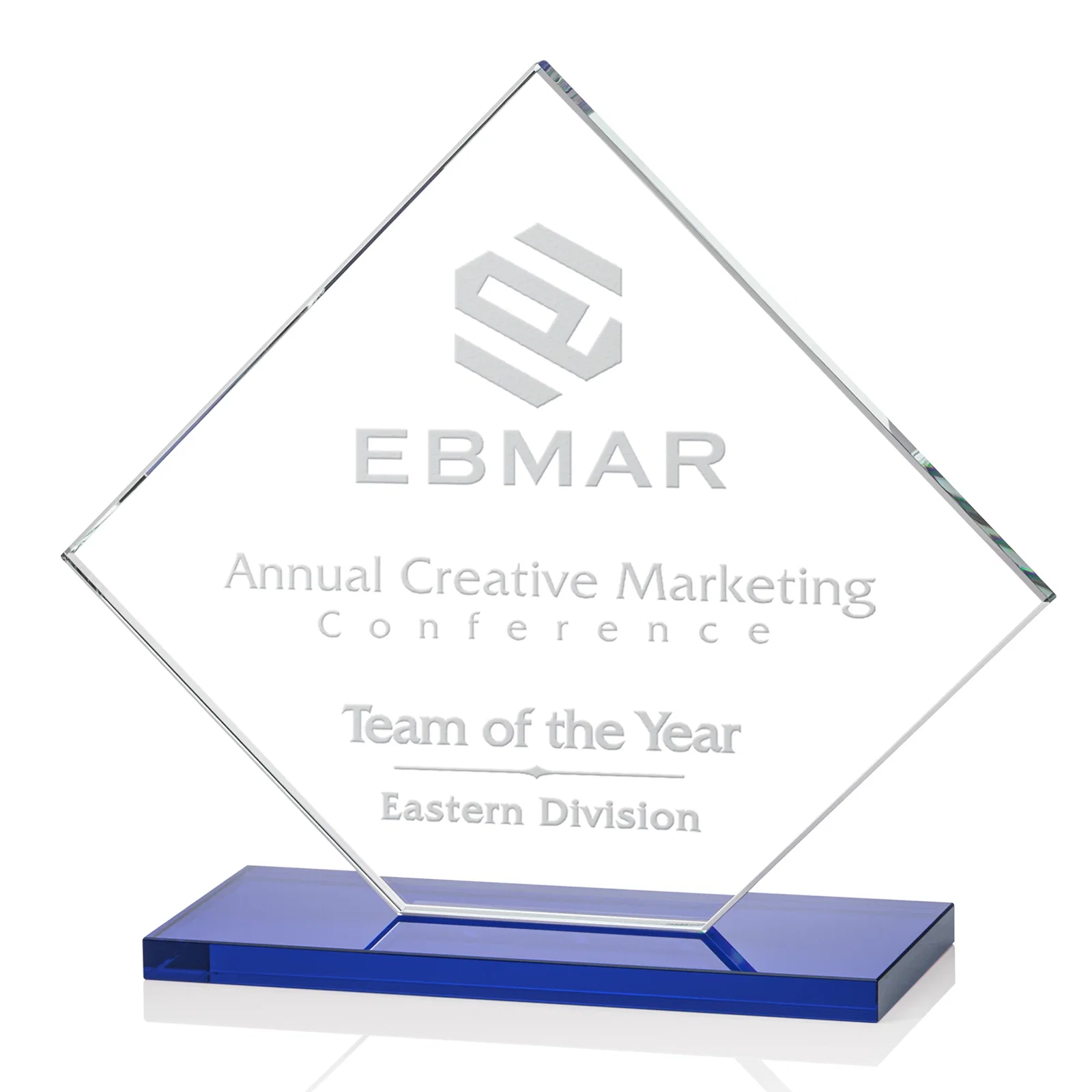 Branded Starfire Crystal Diamond Award on an Ivory Flat-Edge Base for donor appreciation