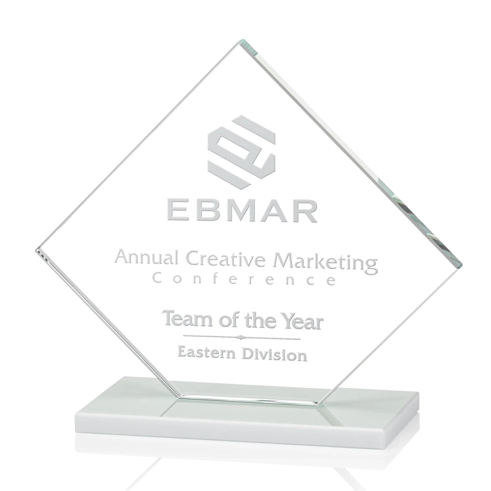 Custom Starfire Crystal Diamond Award on an Ivory Flat-Edge Base for retirement presentations
